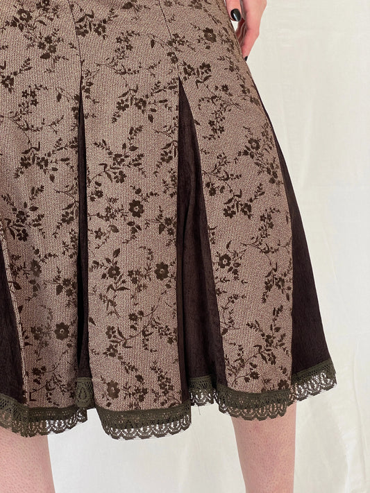 Vintage Floral Brown Lace Trim Pleated Corduroy Midi Skirt - M - Balagan Vintage Midi Skirt 00s, Ayah, floral, floral skirt, midi skirt, women skirt