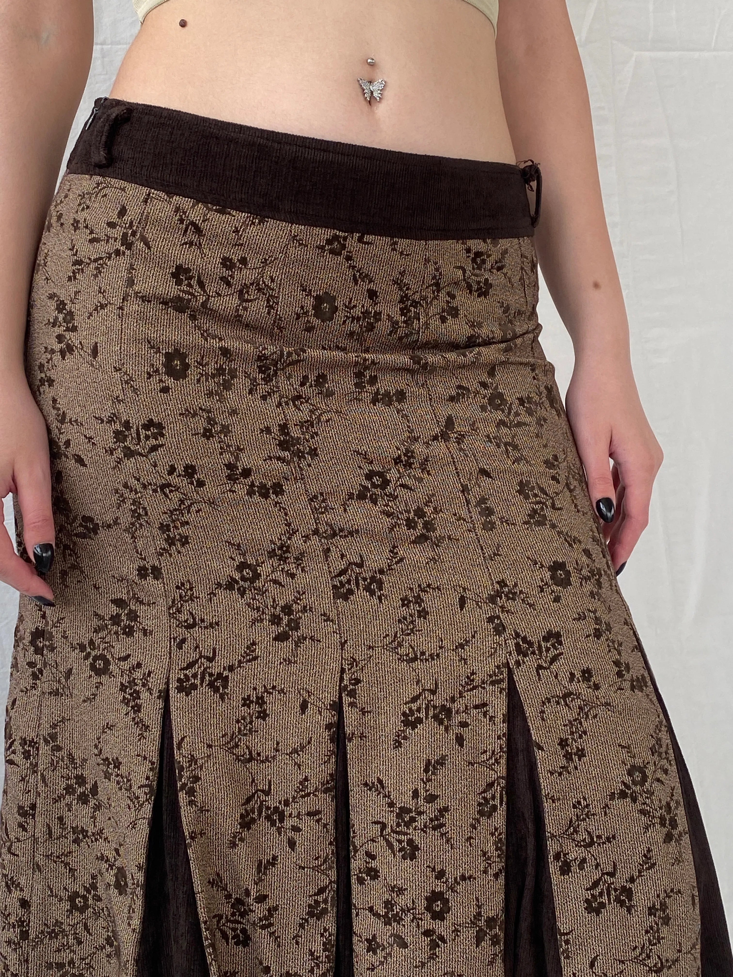 Vintage Floral Brown Lace Trim Pleated Corduroy Midi Skirt - M - Balagan Vintage Midi Skirt 00s, Ayah, floral, floral skirt, midi skirt, NEW IN, women skirt