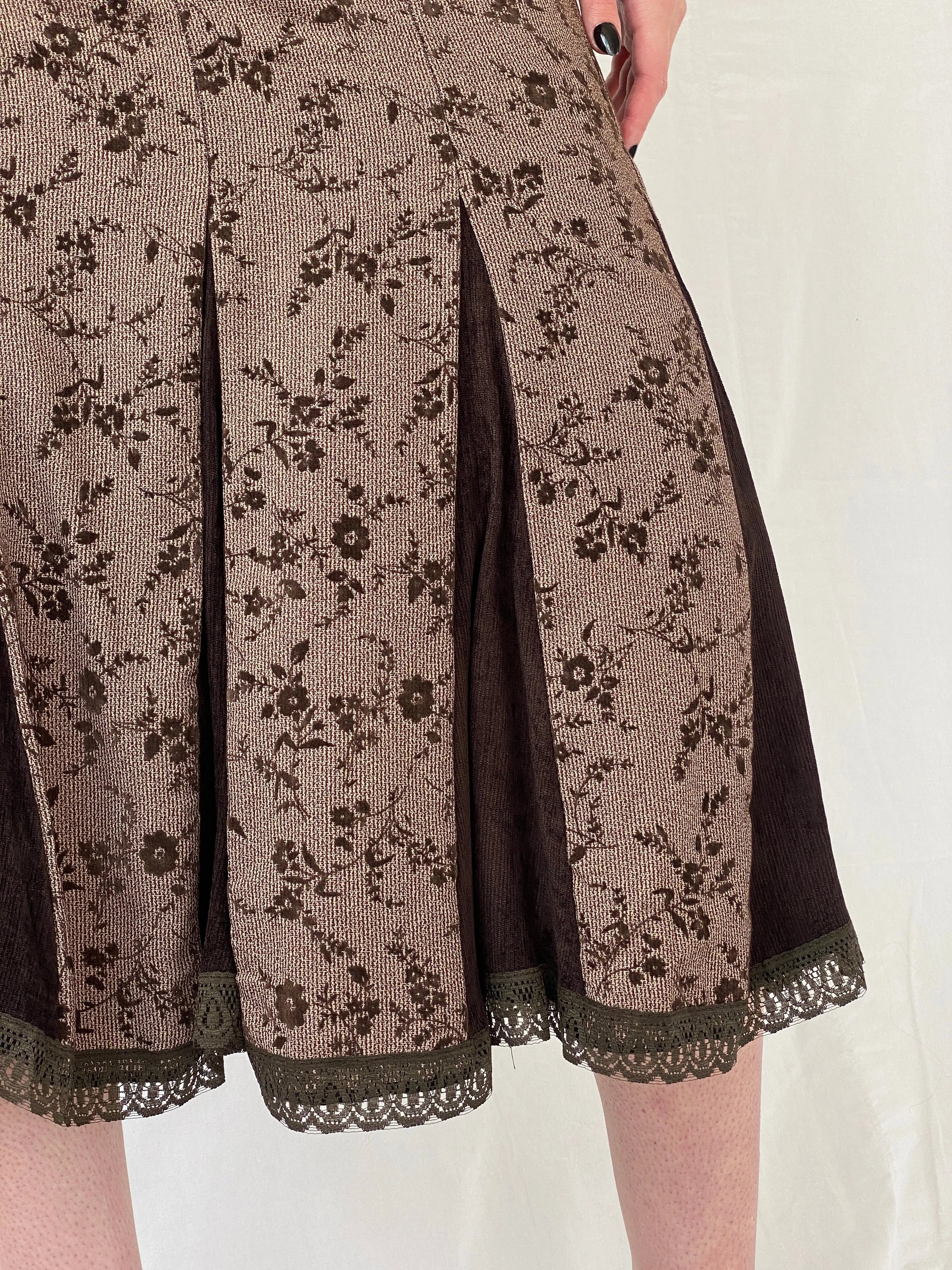 Vintage Floral Brown Lace Trim Pleated Corduroy Midi Skirt - M - Balagan Vintage Midi Skirt 00s, Ayah, floral, floral skirt, midi skirt, NEW IN, women skirt