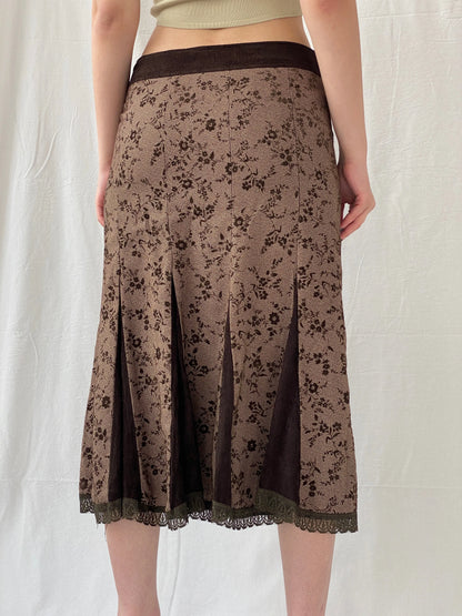 Vintage Floral Brown Lace Trim Pleated Corduroy Midi Skirt - M - Balagan Vintage Midi Skirt 00s, Ayah, floral, floral skirt, midi skirt, women skirt