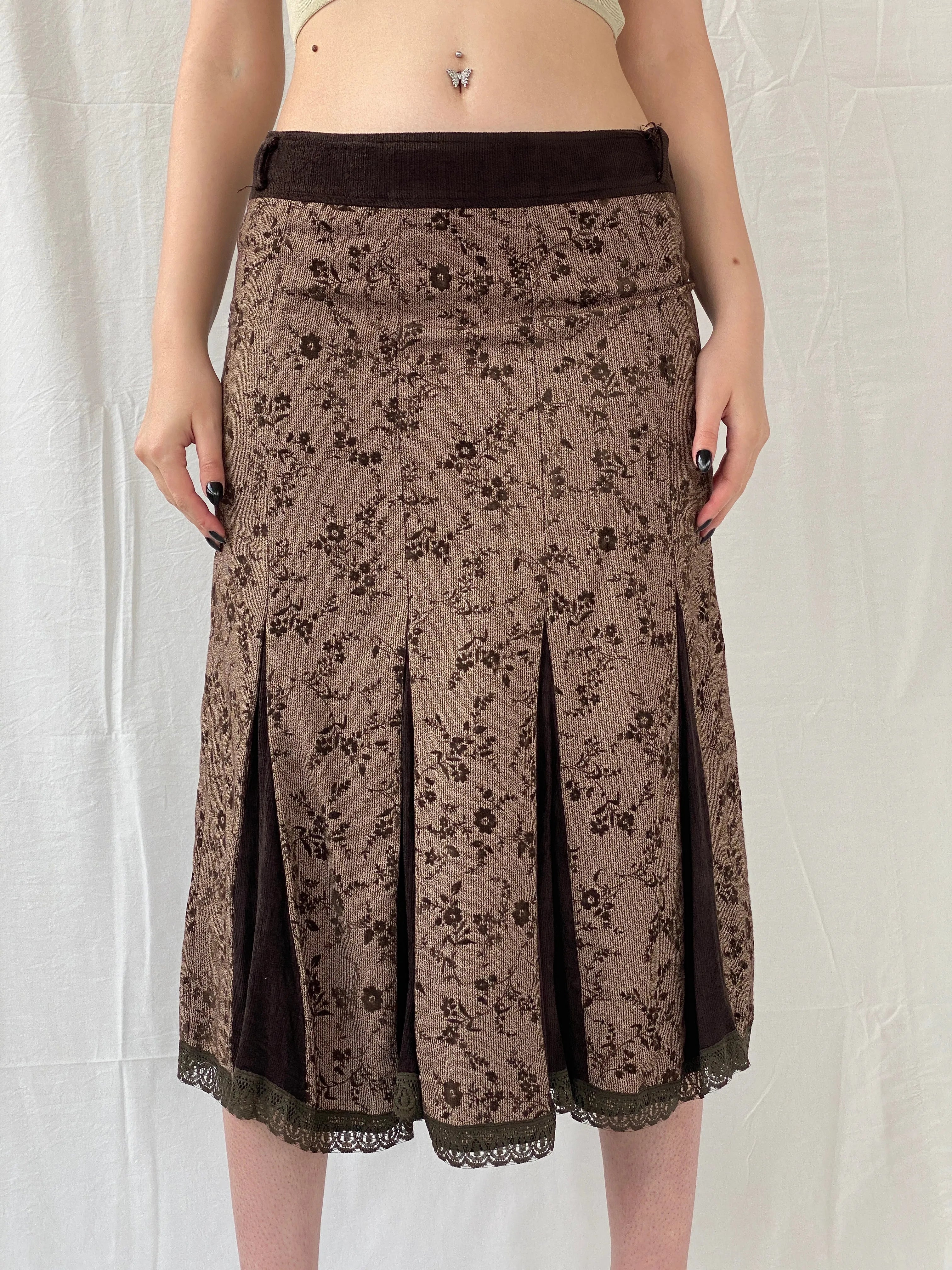 Vintage Floral Brown Lace Trim Pleated Corduroy Midi Skirt - M - Balagan Vintage Midi Skirt 00s, Ayah, floral, floral skirt, midi skirt, NEW IN, women skirt