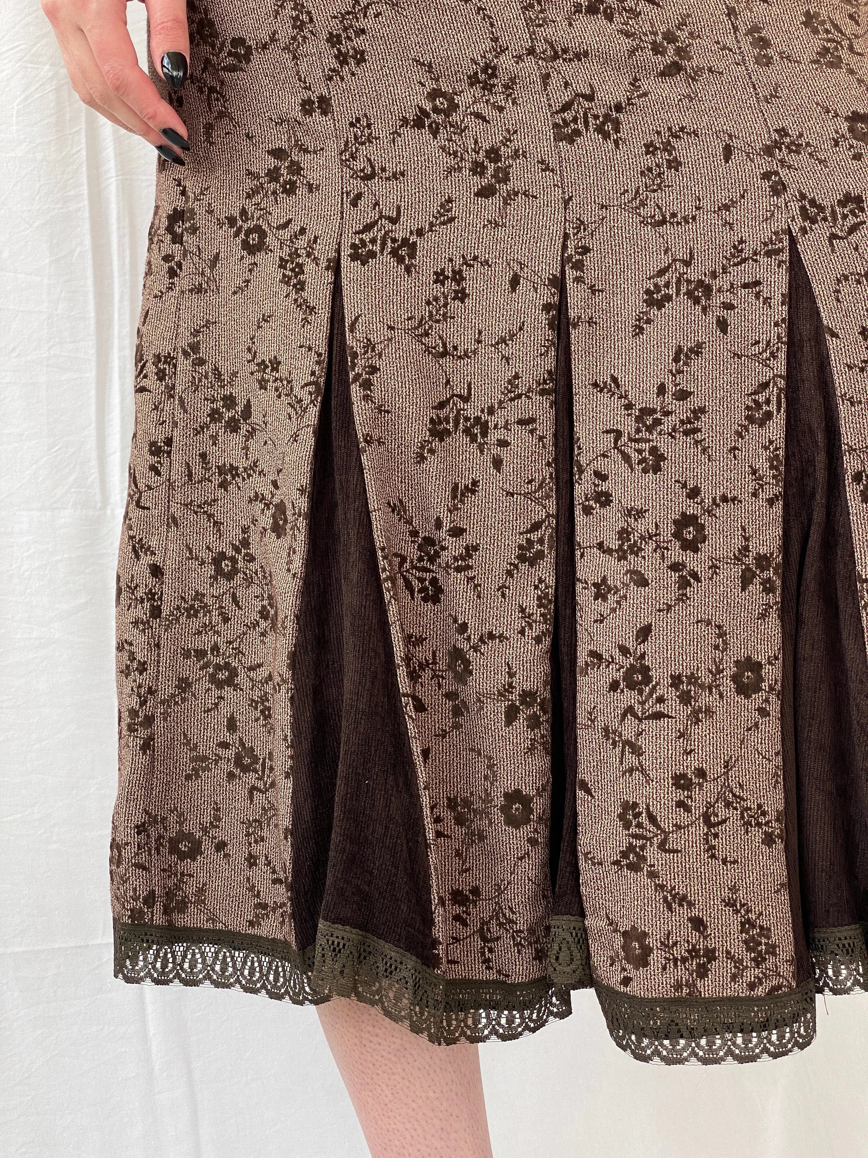Vintage Floral Brown Lace Trim Pleated Corduroy Midi Skirt - M - Balagan Vintage Midi Skirt 00s, Ayah, floral, floral skirt, midi skirt, NEW IN, women skirt