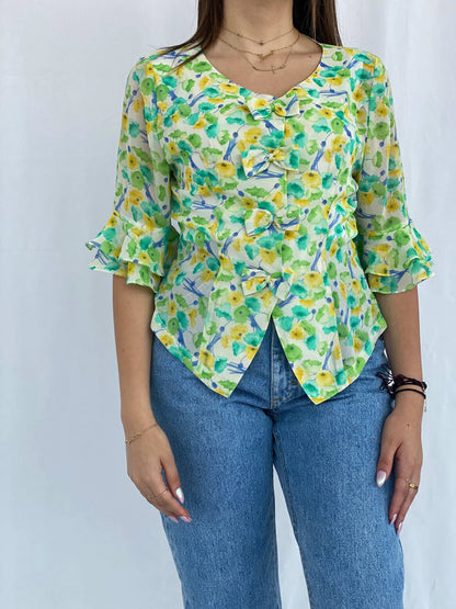 Vintage Floral Green and Yellow Shirt Size S - Balagan Vintage Half Sleeve Shirt floral, floral print, floral shirt, Juana