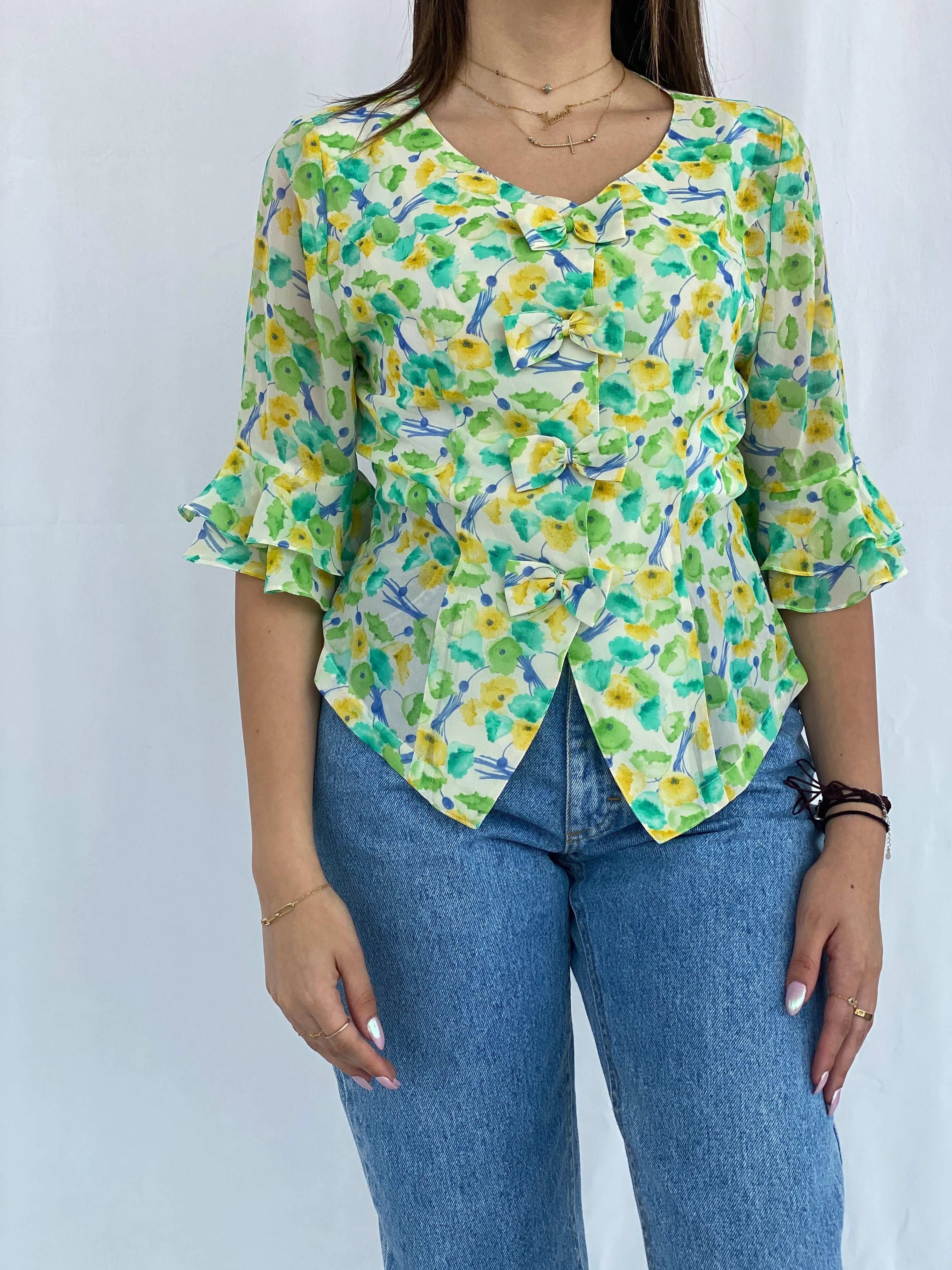 Vintage Floral Green and Yellow Shirt Size S - Balagan Vintage Half Sleeve Shirt floral, floral print, floral shirt, Juana