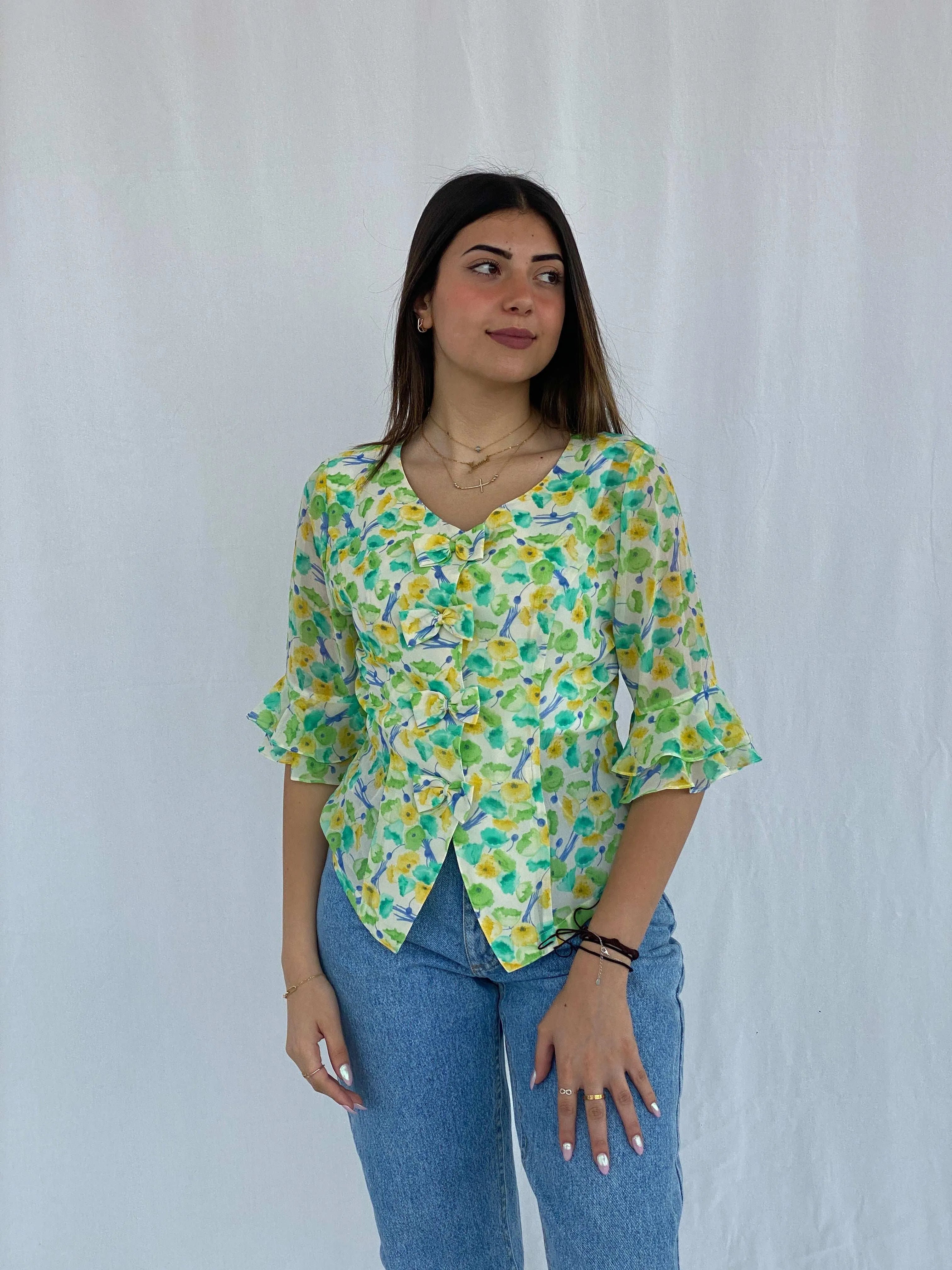Vintage Floral Green and Yellow Shirt Size S - Balagan Vintage Half Sleeve Shirt floral, floral print, floral shirt, Juana