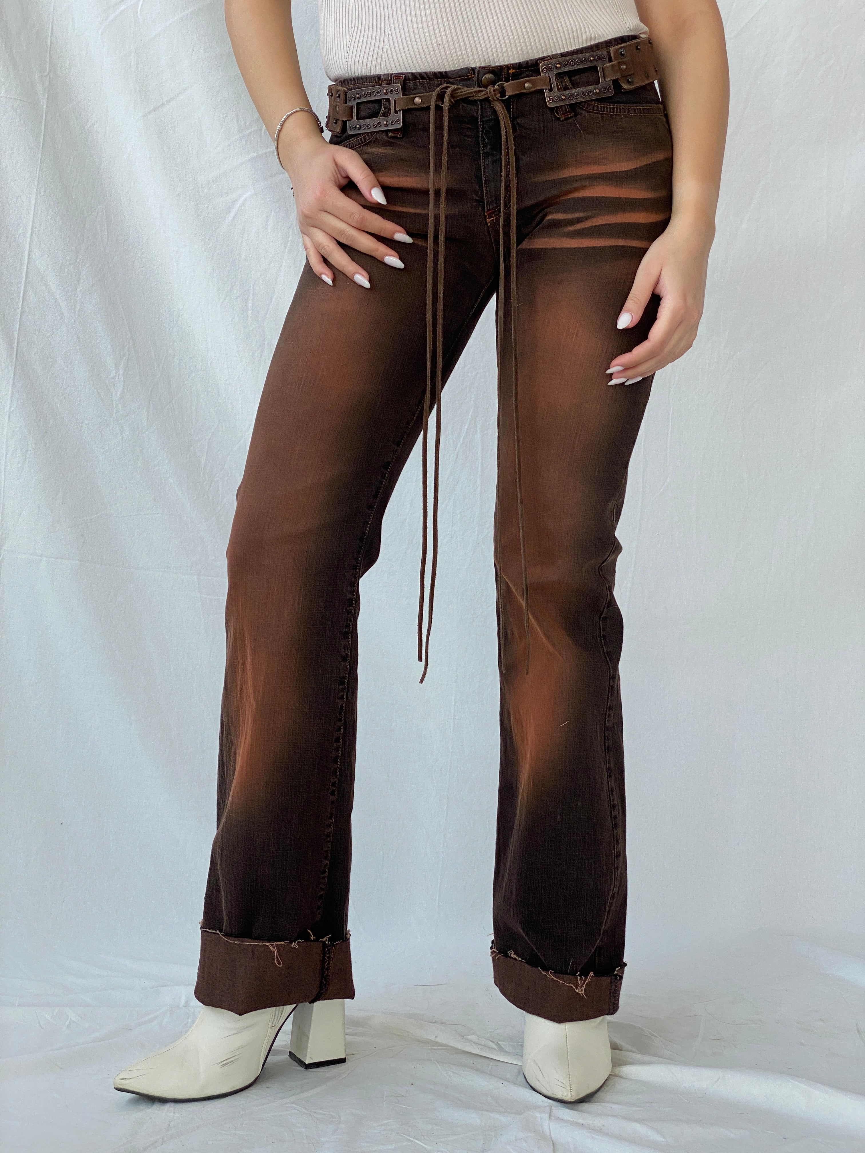 Vintage FlyGirl Brown Distressed Low Rise Biker Pants with Suede Belt - 34EUR - Balagan Vintage Jeans 00s, colored denim, denim, Fatima, low rise, low rise jeans, vintage pants, winter