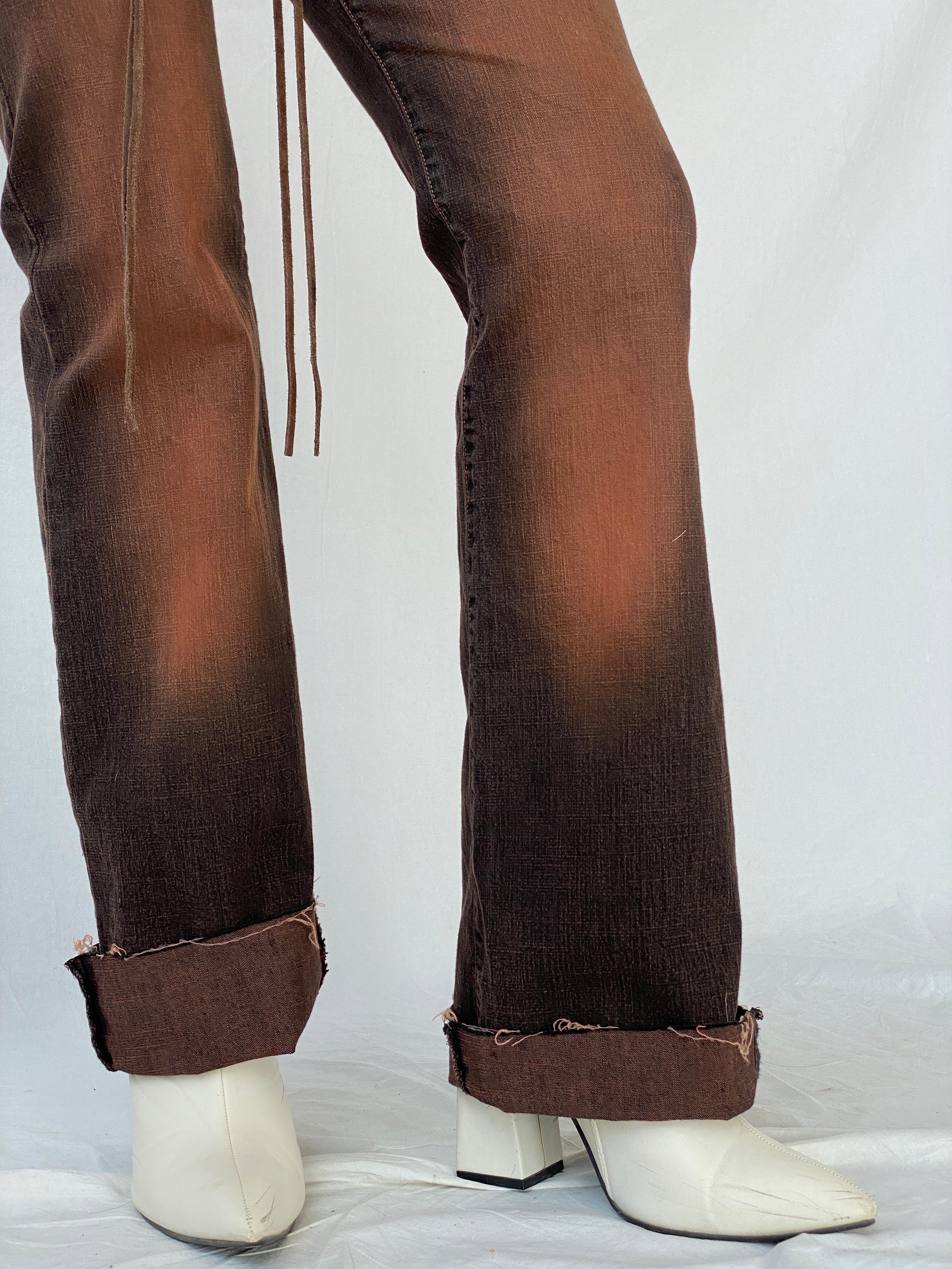 Vintage FlyGirl Brown Distressed Low Rise Biker Pants with Suede Belt - 34EUR - Balagan Vintage Jeans 00s, colored denim, denim, Fatima, low rise, low rise jeans, vintage pants, winter