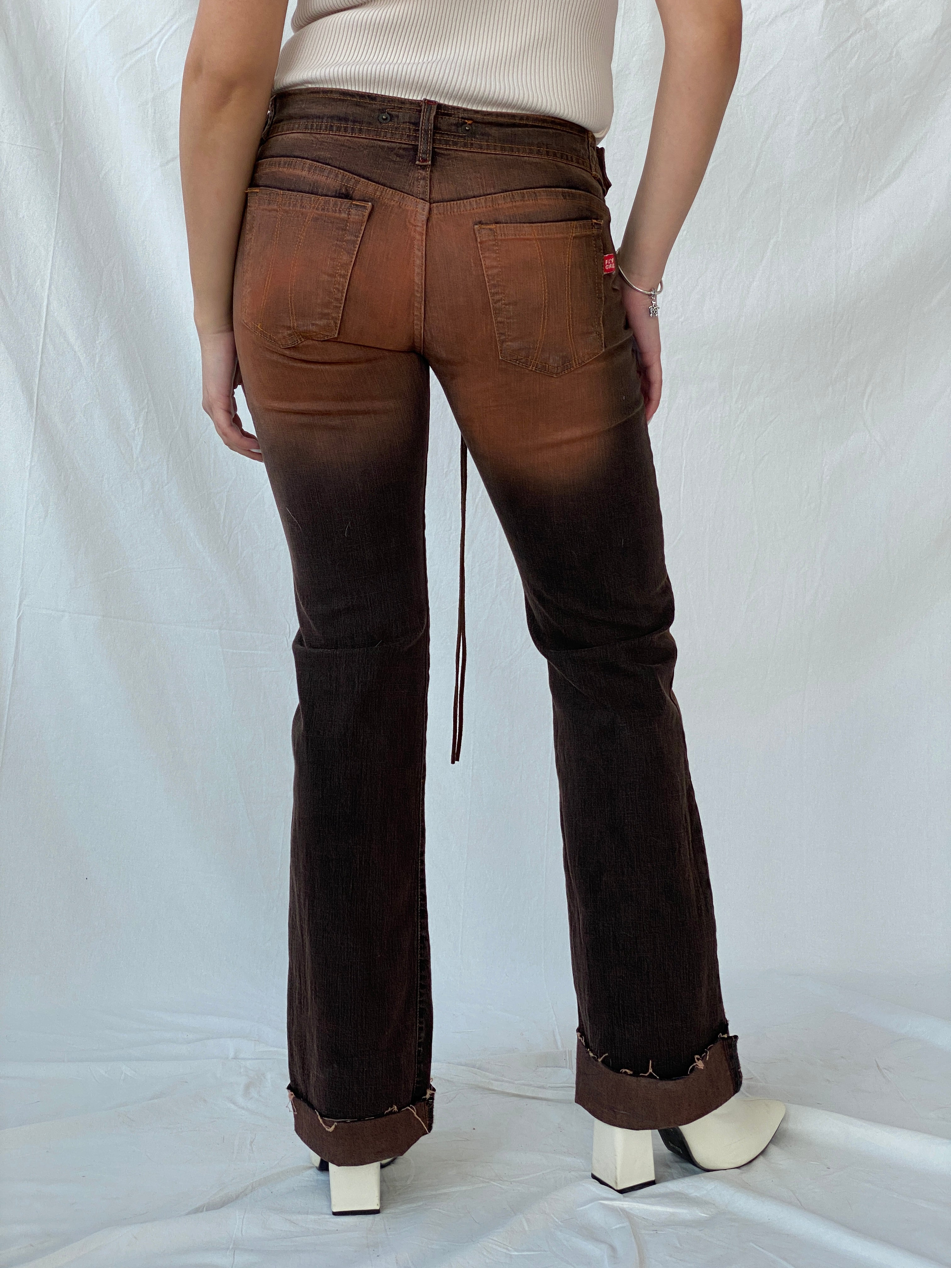 Vintage FlyGirl Brown Distressed Low Rise Biker Pants with Suede Belt - 34EUR - Balagan Vintage Jeans 00s, colored denim, denim, Fatima, low rise, low rise jeans, vintage pants, winter