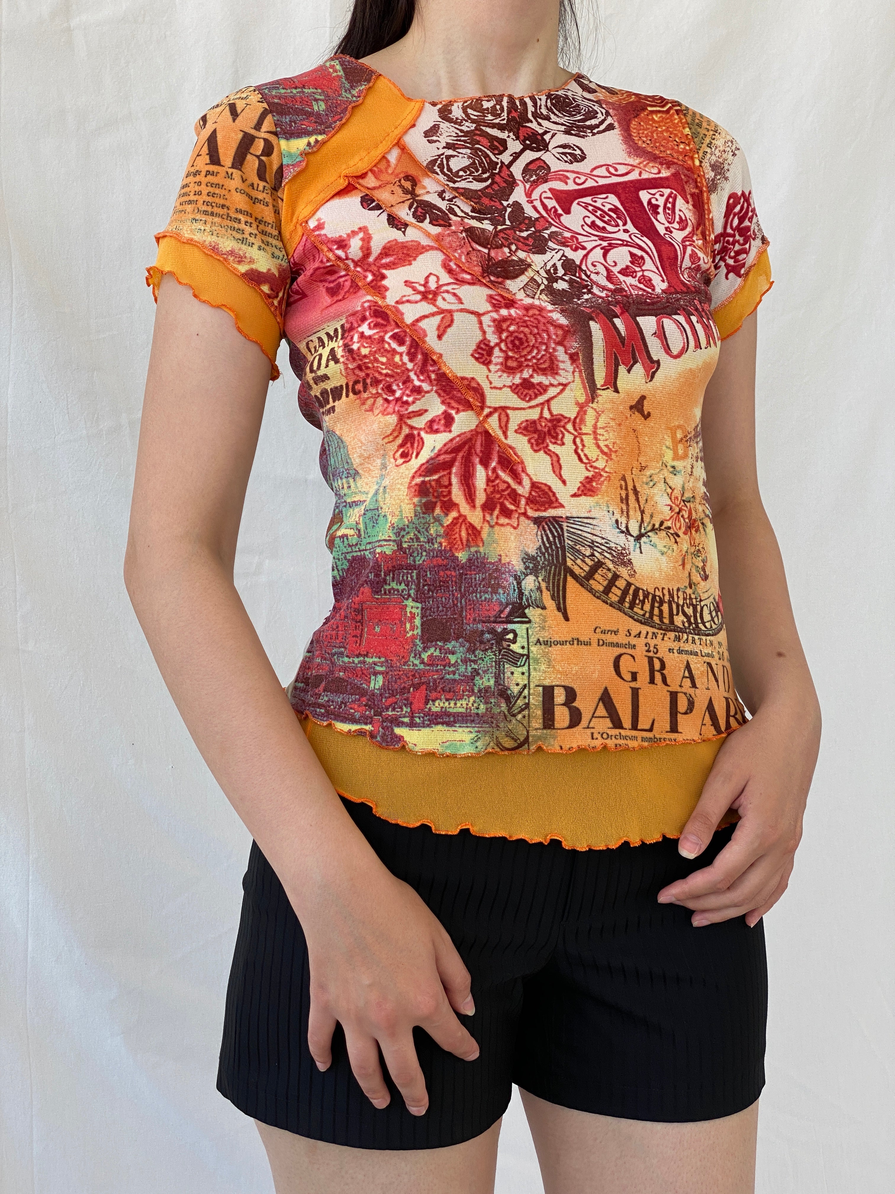 Vintage Fozmul Mesh Graphic Red Orange Short Sleeve Top - M - Balagan Vintage Half Sleeve Top 00s, Ayah, mesh, mesh top, NEW IN, summer, women top