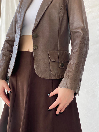 Vintage FRANSA Brown Genuine Leather Floral Embroidered Women’s Blazer Jacket - M - Balagan Vintage Leather Jacket 00s, Ayah, brown leather, Coats&Jackets, genuine leather, genuine leather jacket, leather, leather jacket, winter, Women's Blazers, Women's Leather Jackets