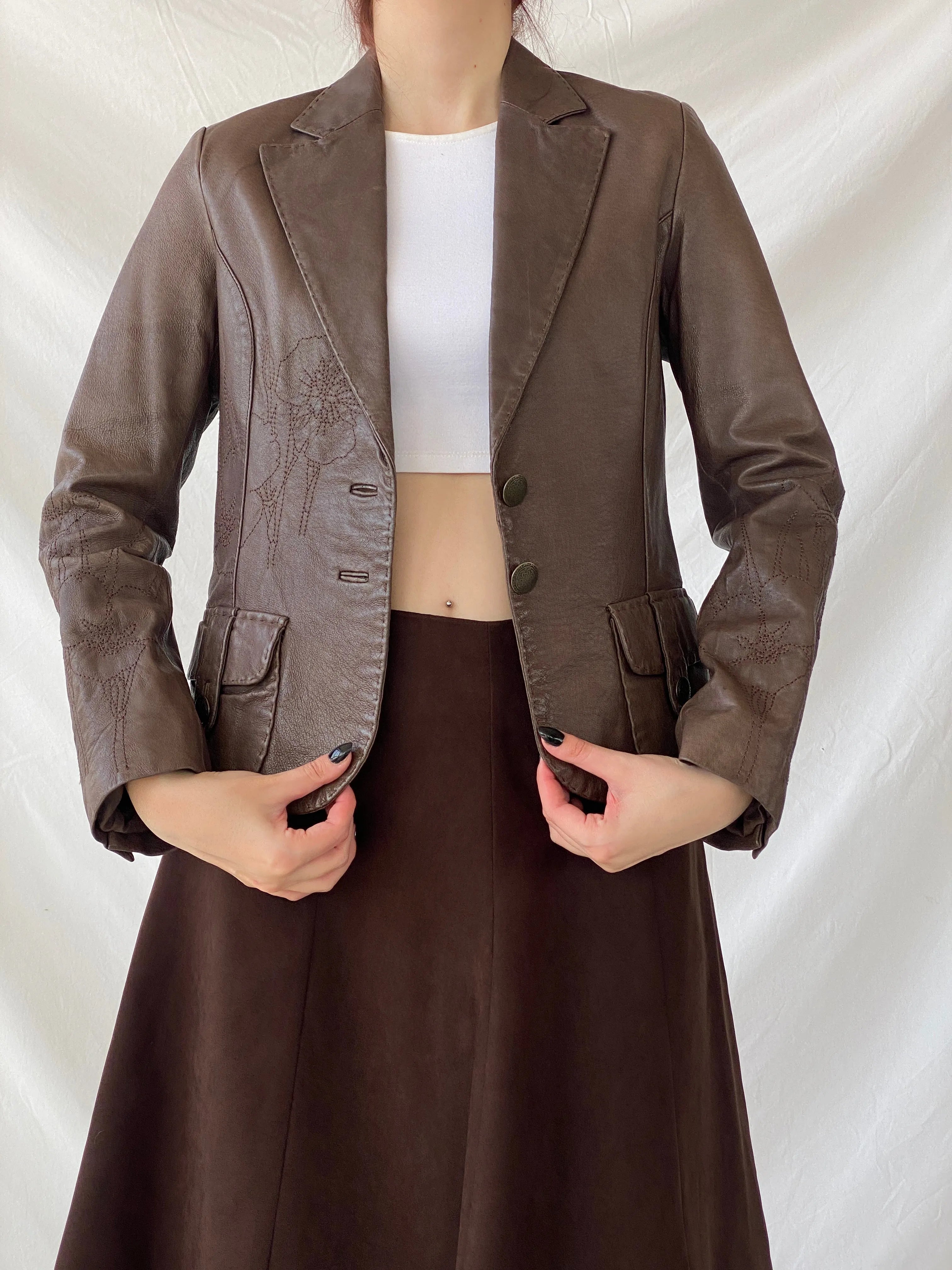 Vintage FRANSA Brown Genuine Leather Floral Embroidered Women’s Blazer Jacket - M - Balagan Vintage Leather Jacket 00s, Ayah, brown leather, genuine leather, genuine leather jacket, leather, leather jacket, NEW IN, winter