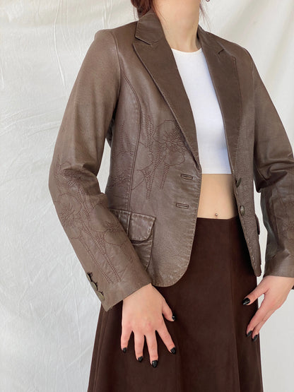 Vintage FRANSA Brown Genuine Leather Floral Embroidered Women’s Blazer Jacket - M - Balagan Vintage Leather Jacket 00s, Ayah, brown leather, Coats&Jackets, genuine leather, genuine leather jacket, leather, leather jacket, winter, Women's Blazers, Women's Leather Jackets