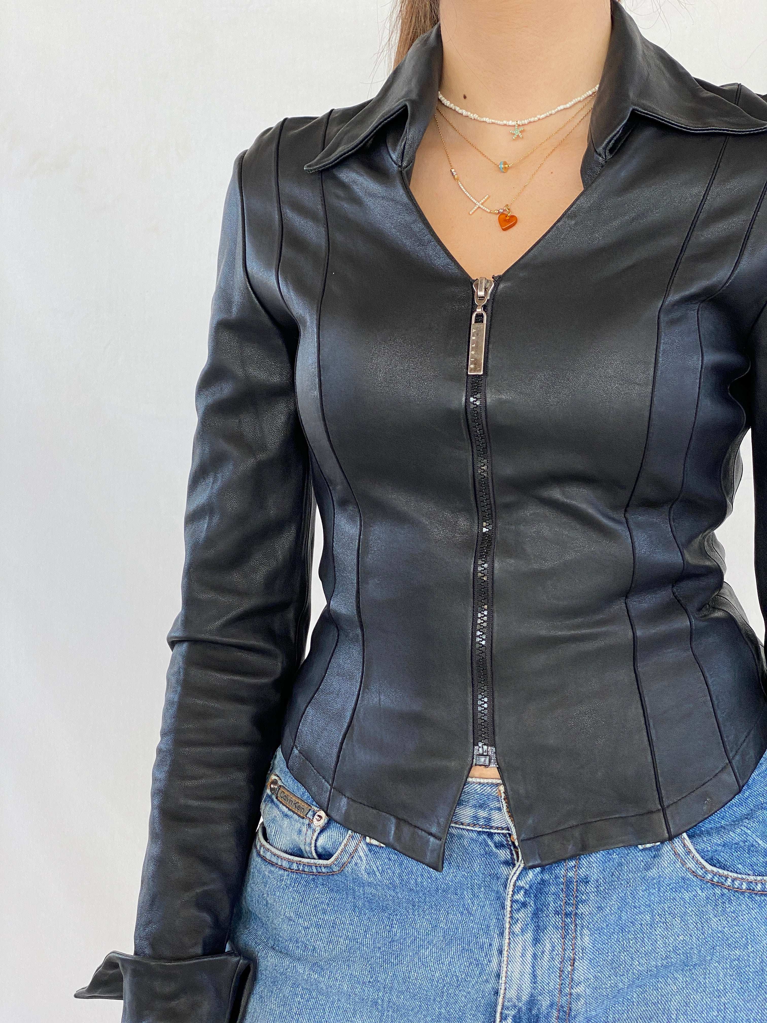 Vintage Fratti Genuine Leather Zip Up Top - Balagan Vintage Full Sleeve Top 00s, 90s, black leather, Deals, genuine leather, Juana