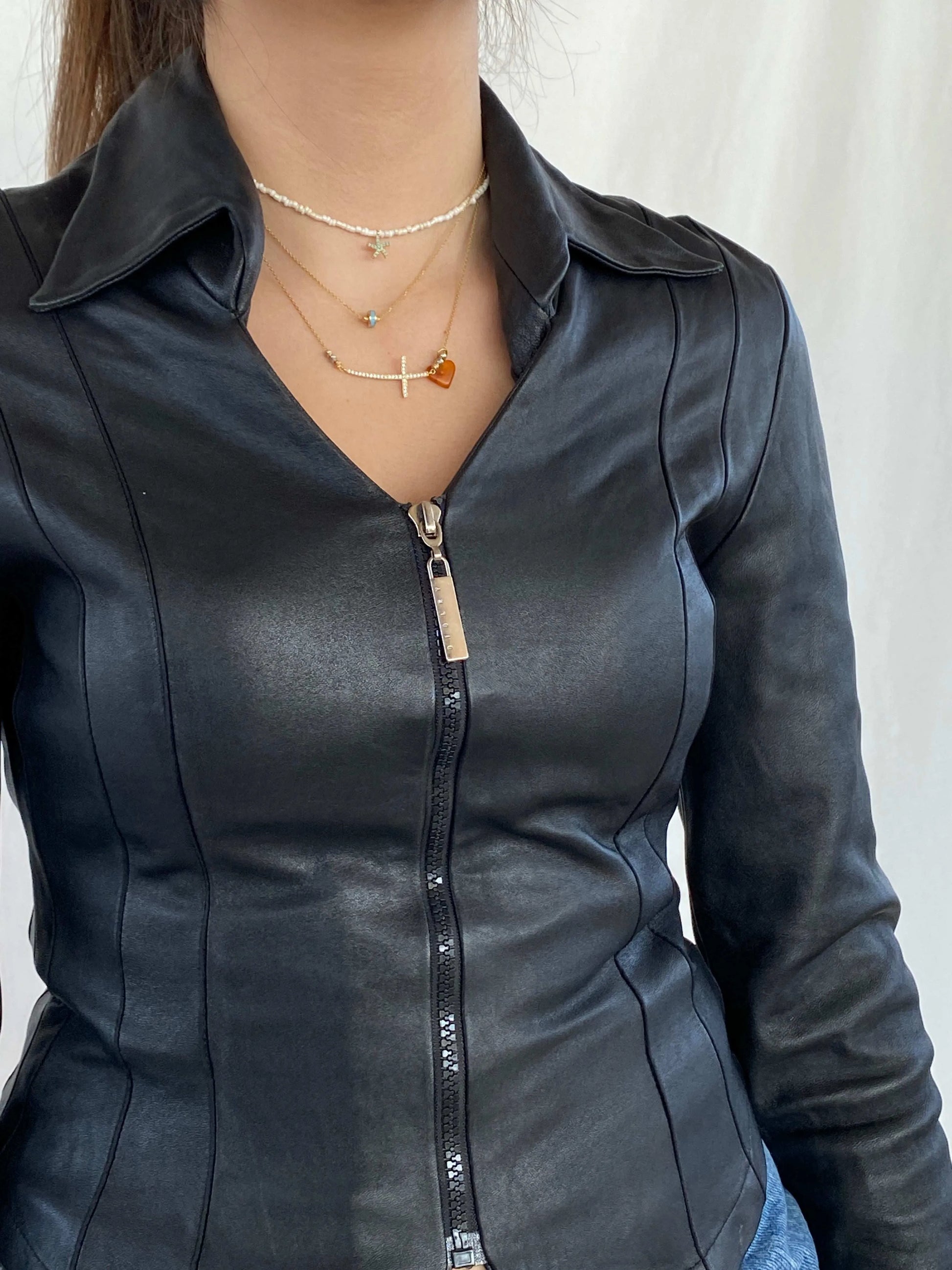 Vintage Fratti Genuine Leather Zip Up Top - Balagan Vintage Full Sleeve Top 00s, 90s, black leather, genuine leather, Juana