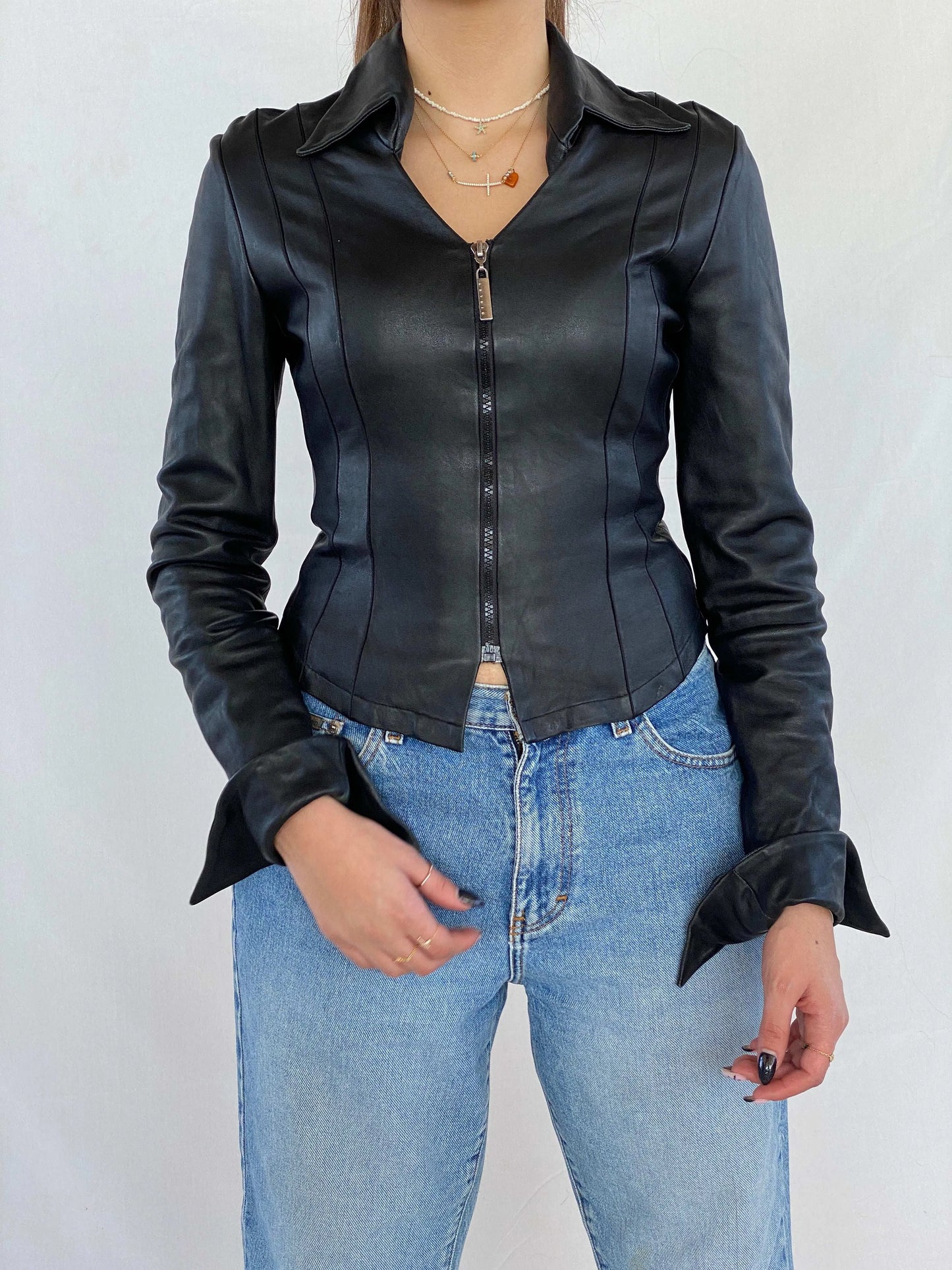 Vintage Fratti Genuine Leather Zip Up Top - Balagan Vintage Full Sleeve Top 00s, 90s, black leather, genuine leather, Juana