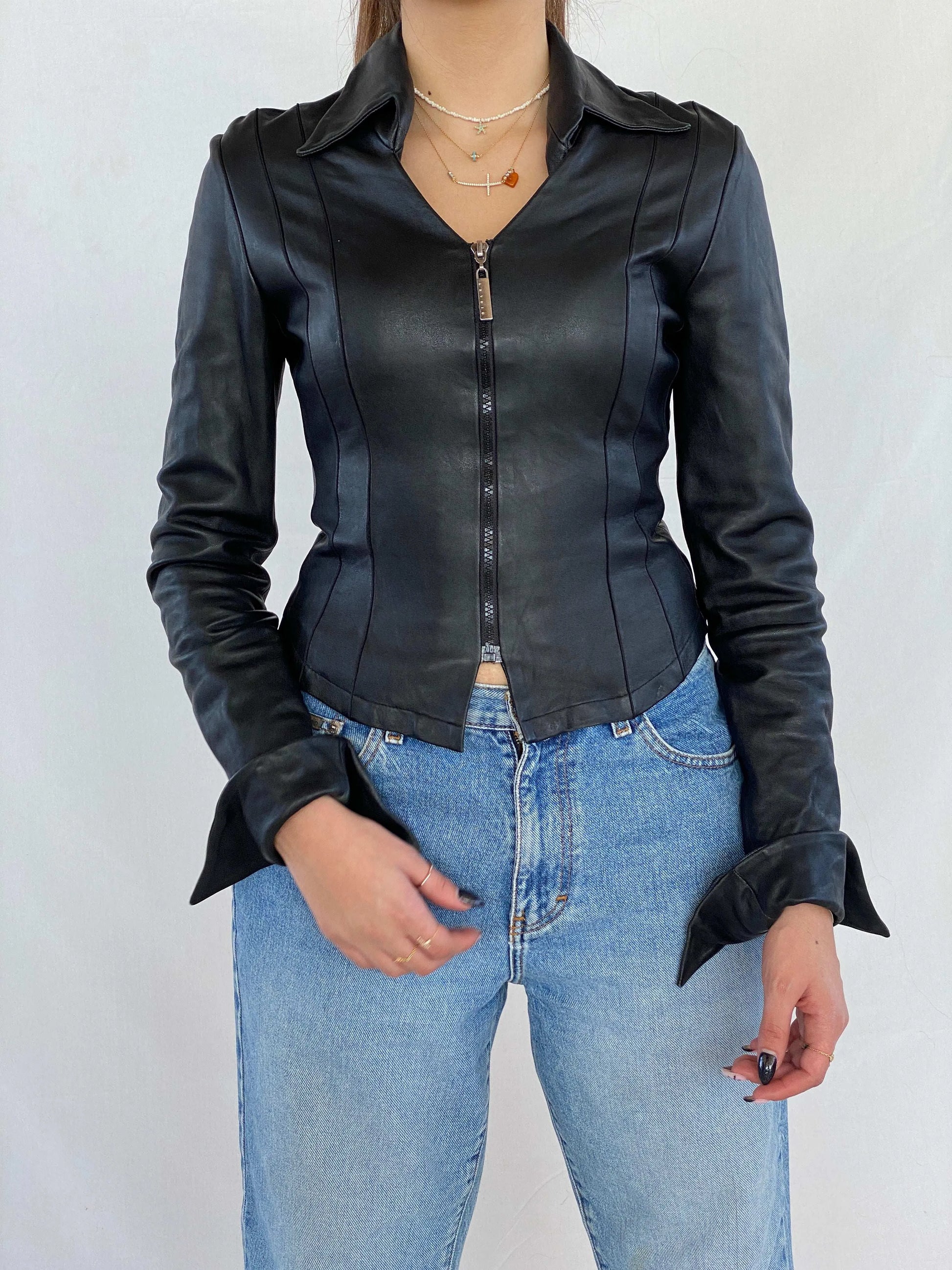 Vintage Fratti Genuine Leather Zip Up Top - Balagan Vintage Full Sleeve Top 00s, 90s, black leather, genuine leather, Juana