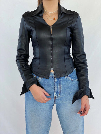 Vintage Fratti Genuine Leather Zip Up Top - Balagan Vintage Full Sleeve Top 00s, 90s, black leather, genuine leather, Juana