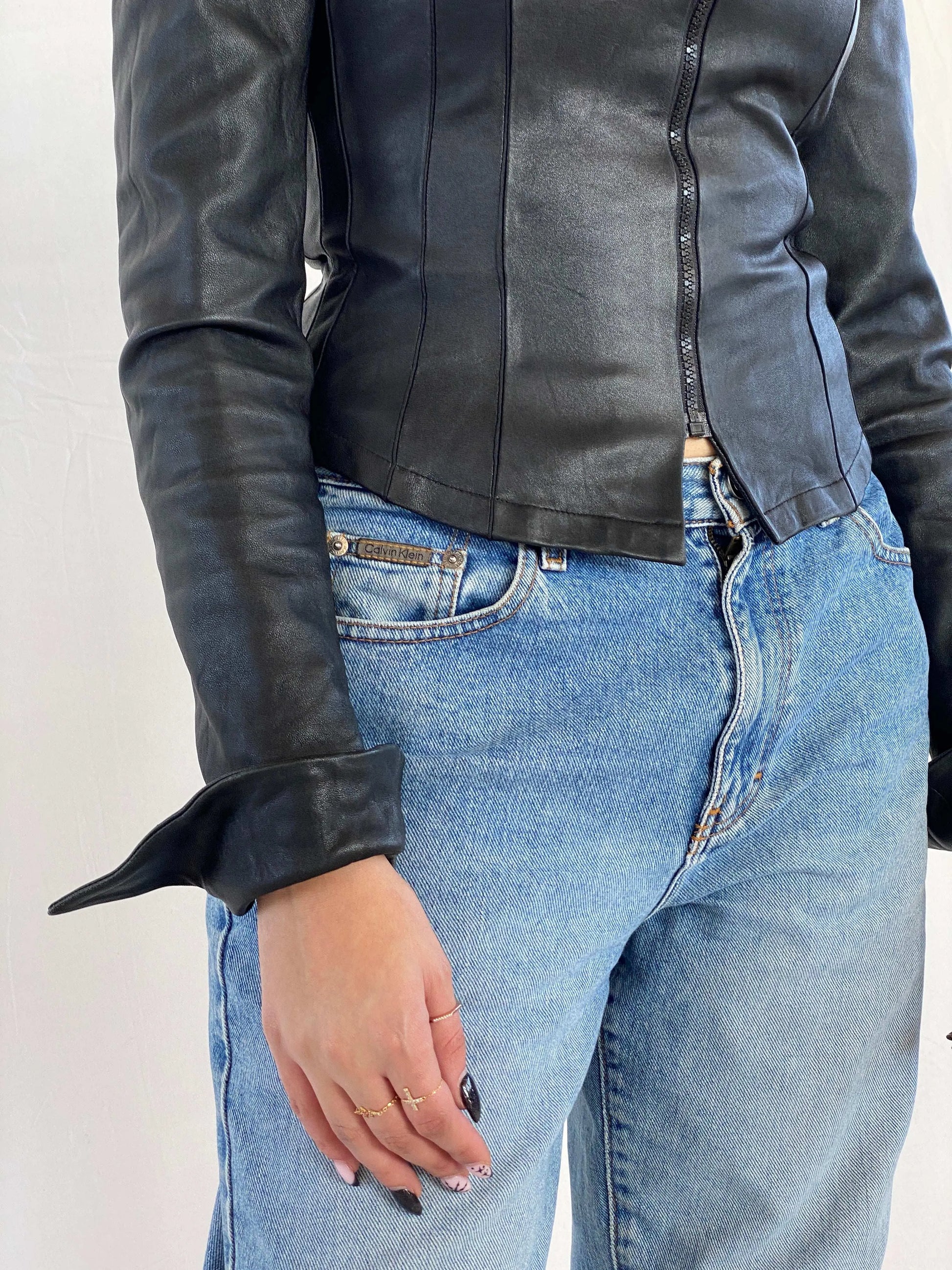 Vintage Fratti Genuine Leather Zip Up Top - Balagan Vintage Full Sleeve Top 00s, 90s, black leather, genuine leather, Juana