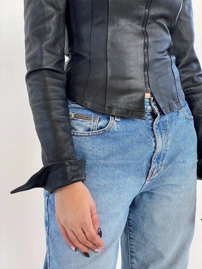 Vintage Fratti Genuine Leather Zip Up Top - Balagan Vintage Full Sleeve Top 00s, 90s, black leather, genuine leather, Juana