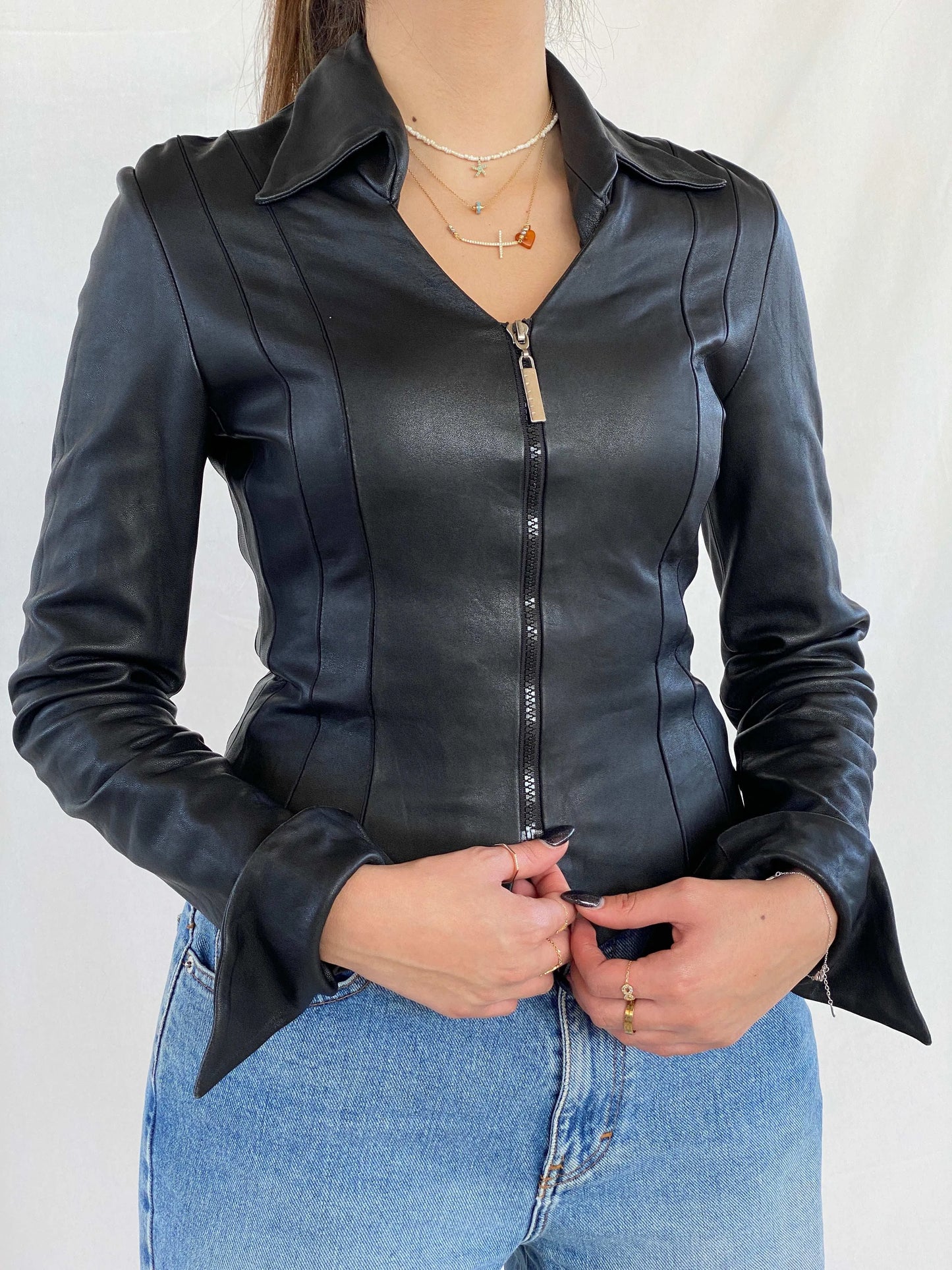 Vintage Fratti Genuine Leather Zip Up Top - Balagan Vintage Full Sleeve Top 00s, 90s, black leather, genuine leather, Juana