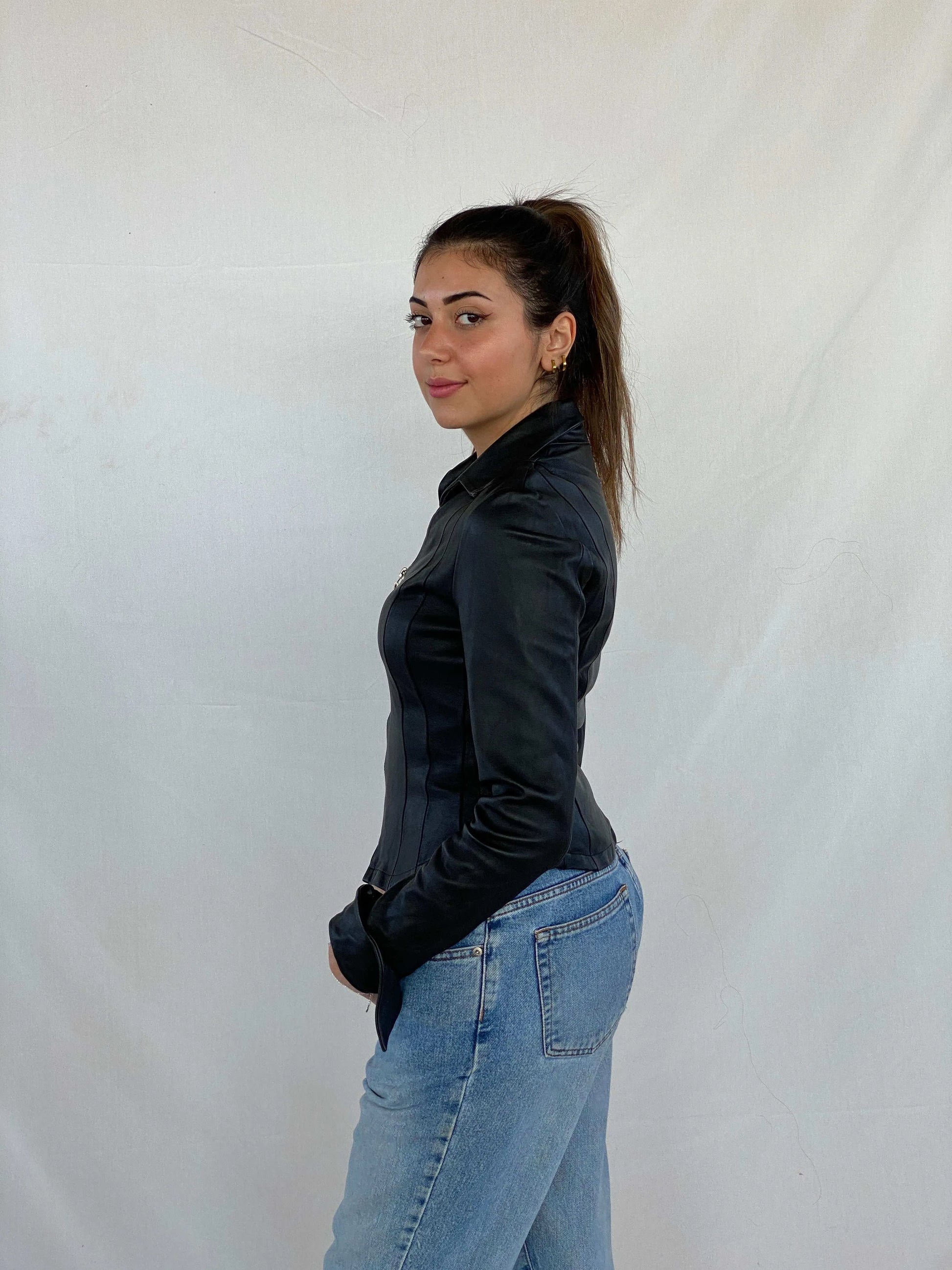 Vintage Fratti Genuine Leather Zip Up Top - Balagan Vintage Full Sleeve Top 00s, 90s, black leather, genuine leather, Juana