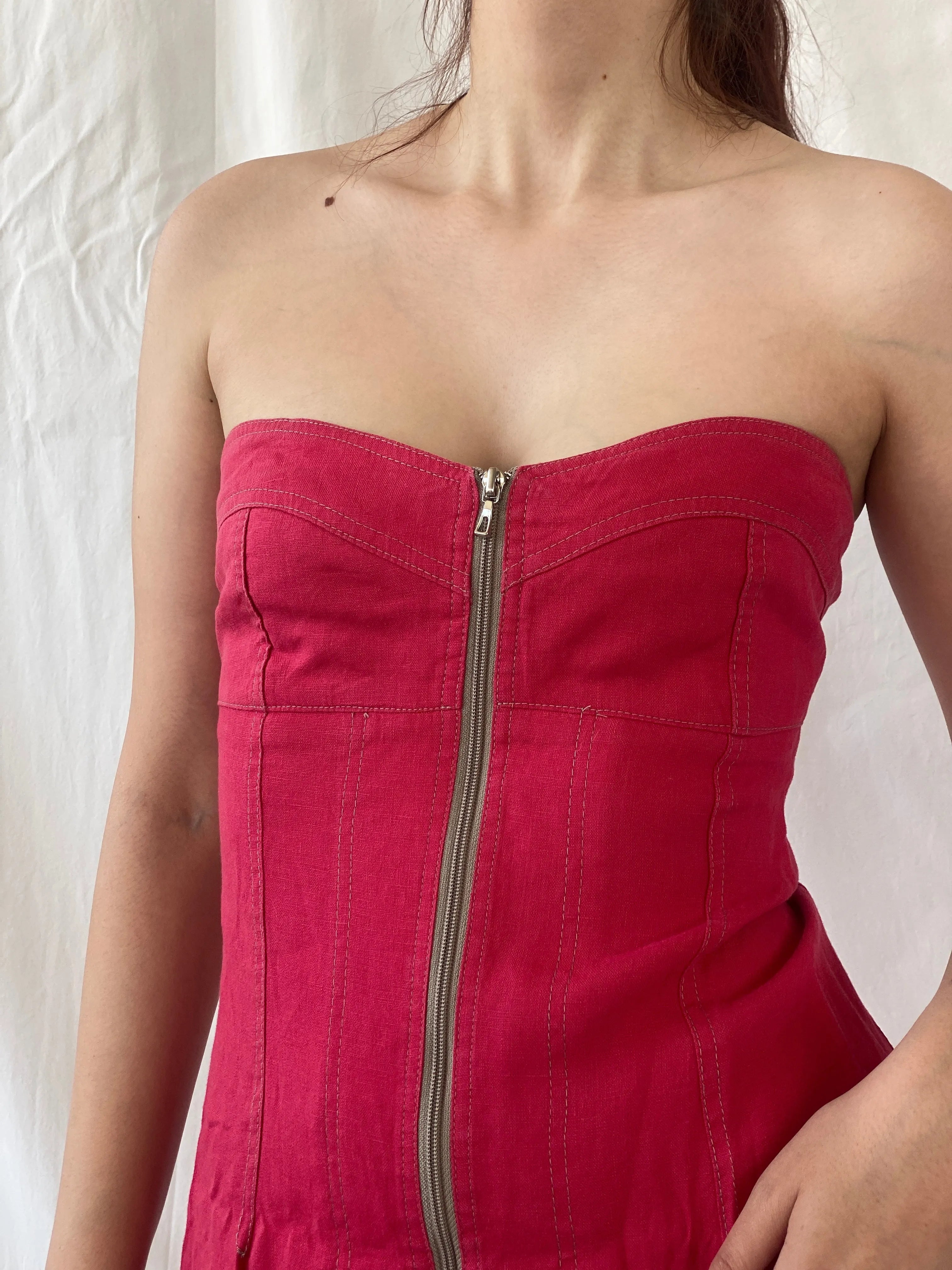 Vintage French Archival Femmes Je Vous Red Zip Up Bodycon Mini Linen Dress - S - Balagan Vintage Mini Dress Ayah, dress, linen, Mini Dress, summer dress