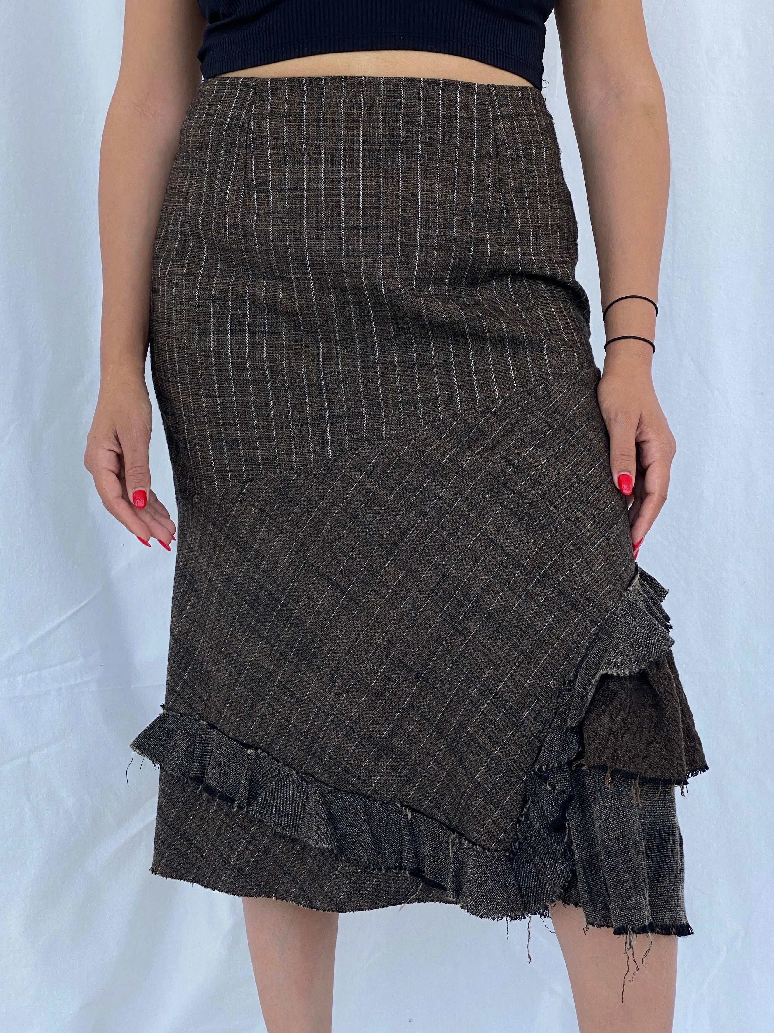 Vintage French Designer Madame Zaza Of Marseille Midi Brown Skirt Size L/XL - Balagan Vintage Midi Skirt 90s, Alaa, midi skirt, plaid skirt, summer