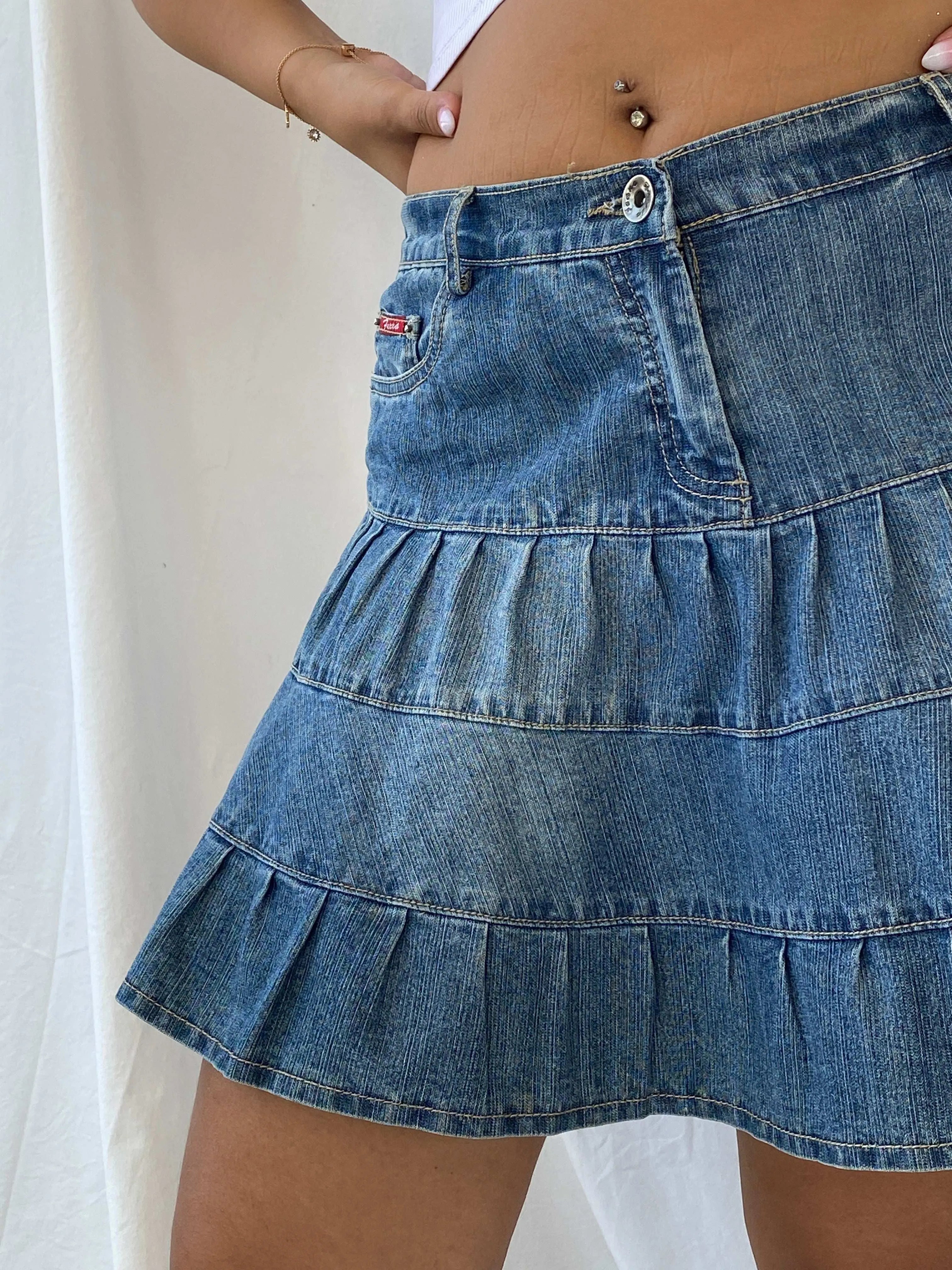 Vintage Fuxxia Tiered Denim Mini Skirt - L - Balagan Vintage Mini Skirt 00s, 90s, denim, denim skirt, Dina