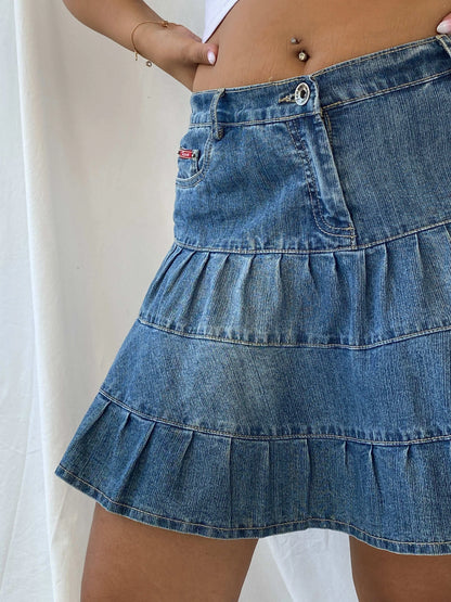 Vintage Fuxxia Tiered Denim Mini Skirt - L - Balagan Vintage Mini Skirt 00s, 90s, denim, denim skirt, Dina