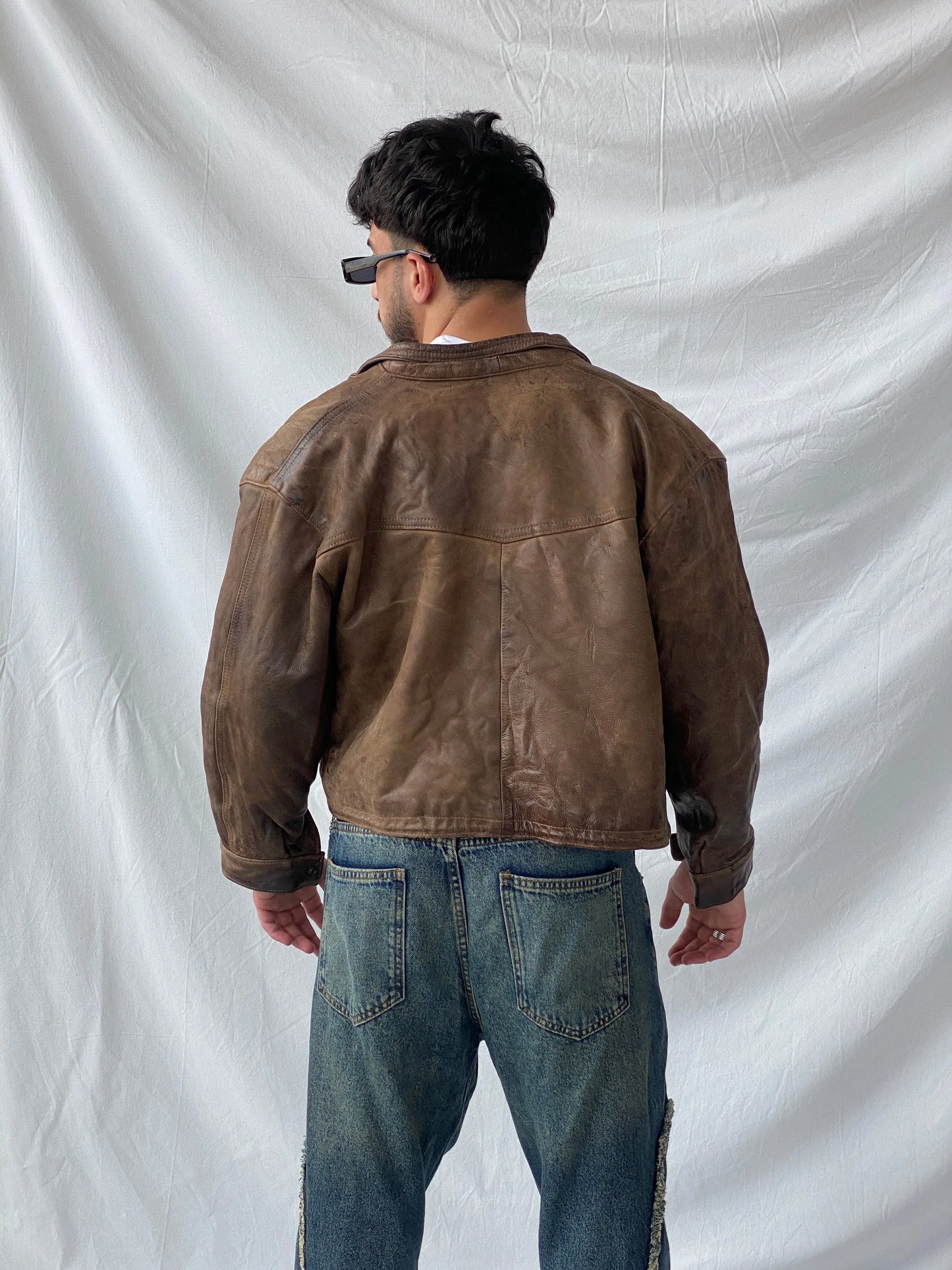 Vintage GELY CUIR Paris Genuine Brown Leather Cropped Heavy Bomber Jacket - S - Balagan Vintage Leather Jacket 90s, blazer, brown leather, full sleeve blazer, genuine leather, genuine leather jacket, Hamza, leather blazer, men blazer, winter