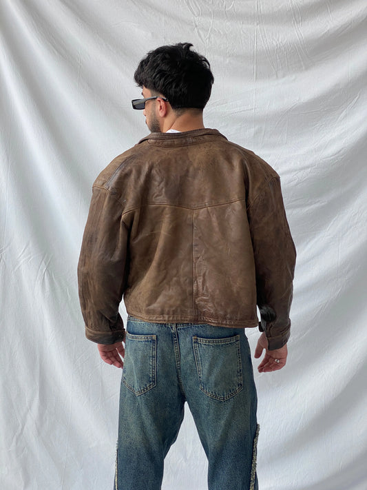 Vintage GELY CUIR Paris Genuine Brown Leather Cropped Heavy Bomber Jacket - S - Balagan Vintage Leather Jacket 90s, blazer, brown leather, full sleeve blazer, genuine leather, genuine leather jacket, Hamza, leather blazer, men blazer, winter
