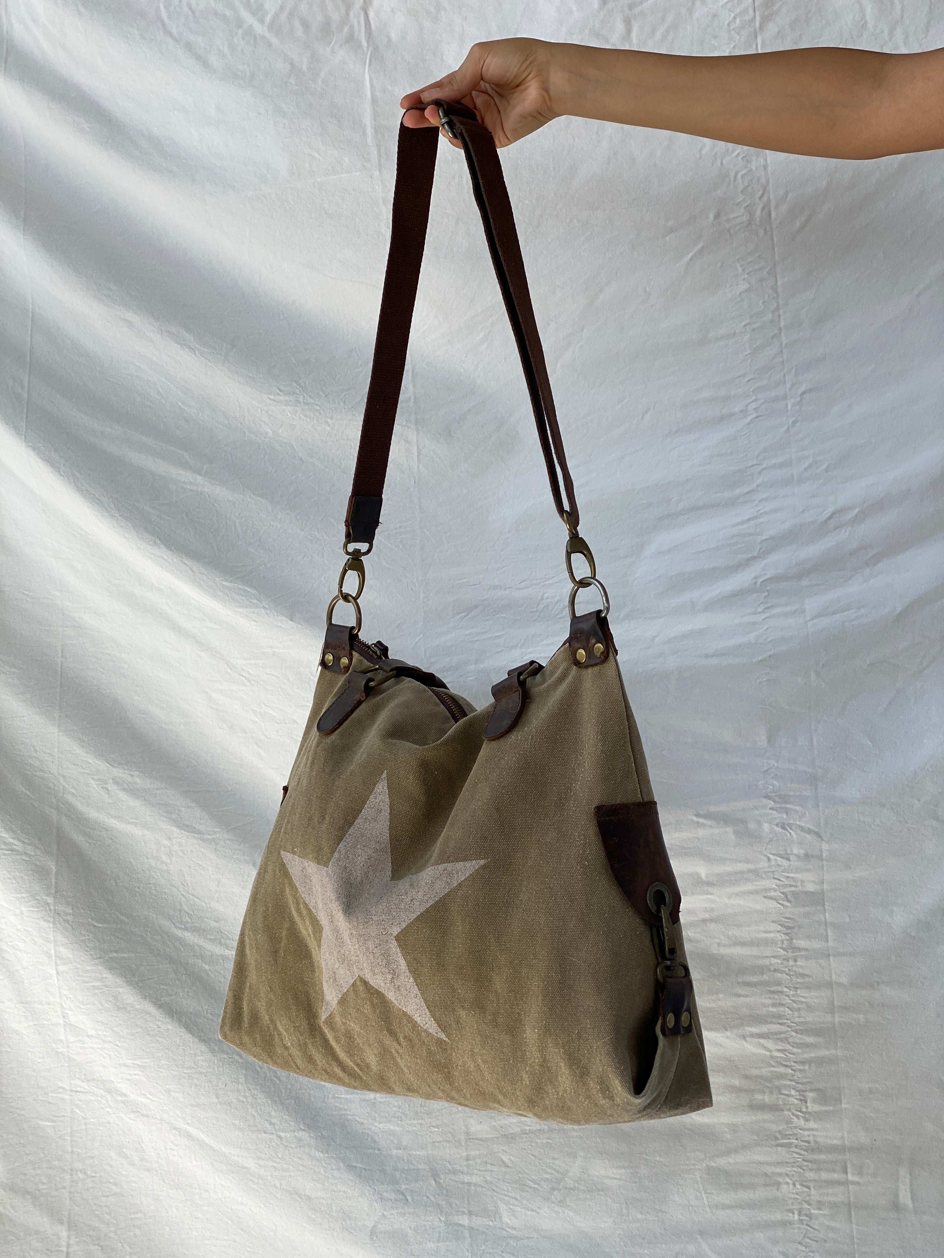 Vintage Genuine Leather Star Canvas Tote Bag - Balagan Vintage Tote Bag bag, handbag, shoulder bag