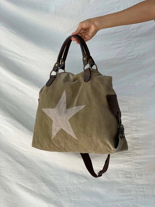 Vintage Genuine Leather Star Canvas Tote Bag - Balagan Vintage Tote Bag bag, handbag, shoulder bag