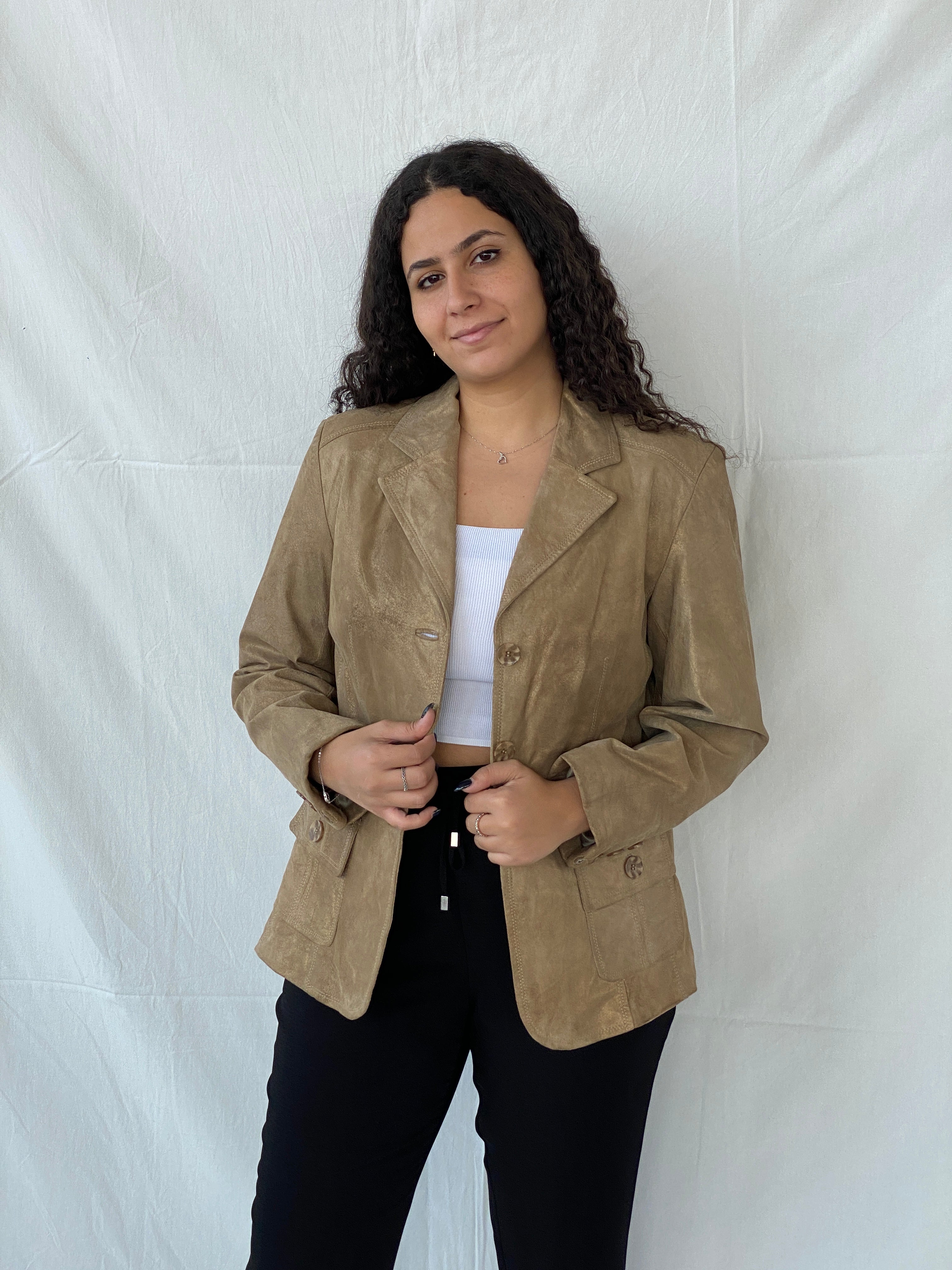 Vintage Genuine Suede Leather Gold Blazer Jacket - L - Balagan Vintage Jacket 00s, 90s, brown leather, Dina, genuine leather, jacket, leather jacket