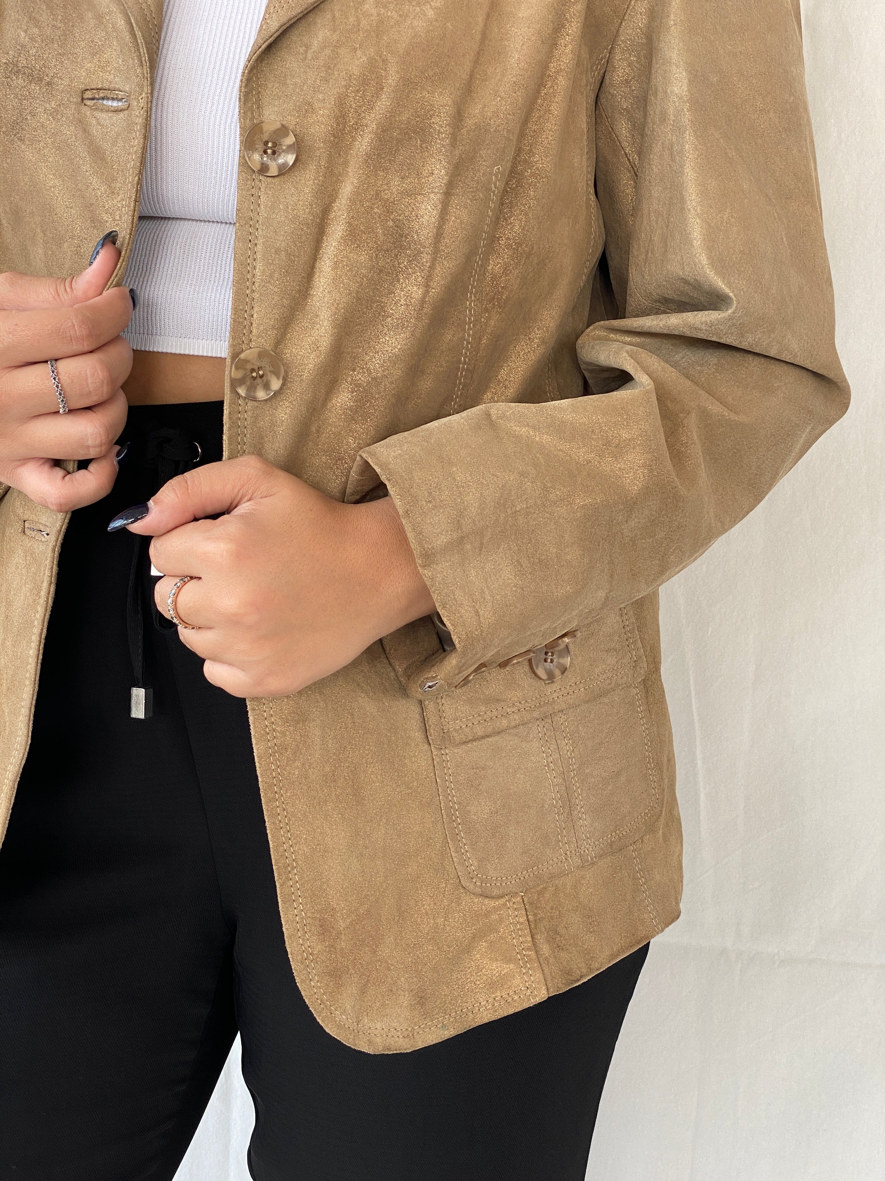 Vintage Genuine Suede Leather Gold Blazer Jacket - L - Balagan Vintage Jacket 00s, 90s, brown leather, Dina, genuine leather, jacket, leather jacket