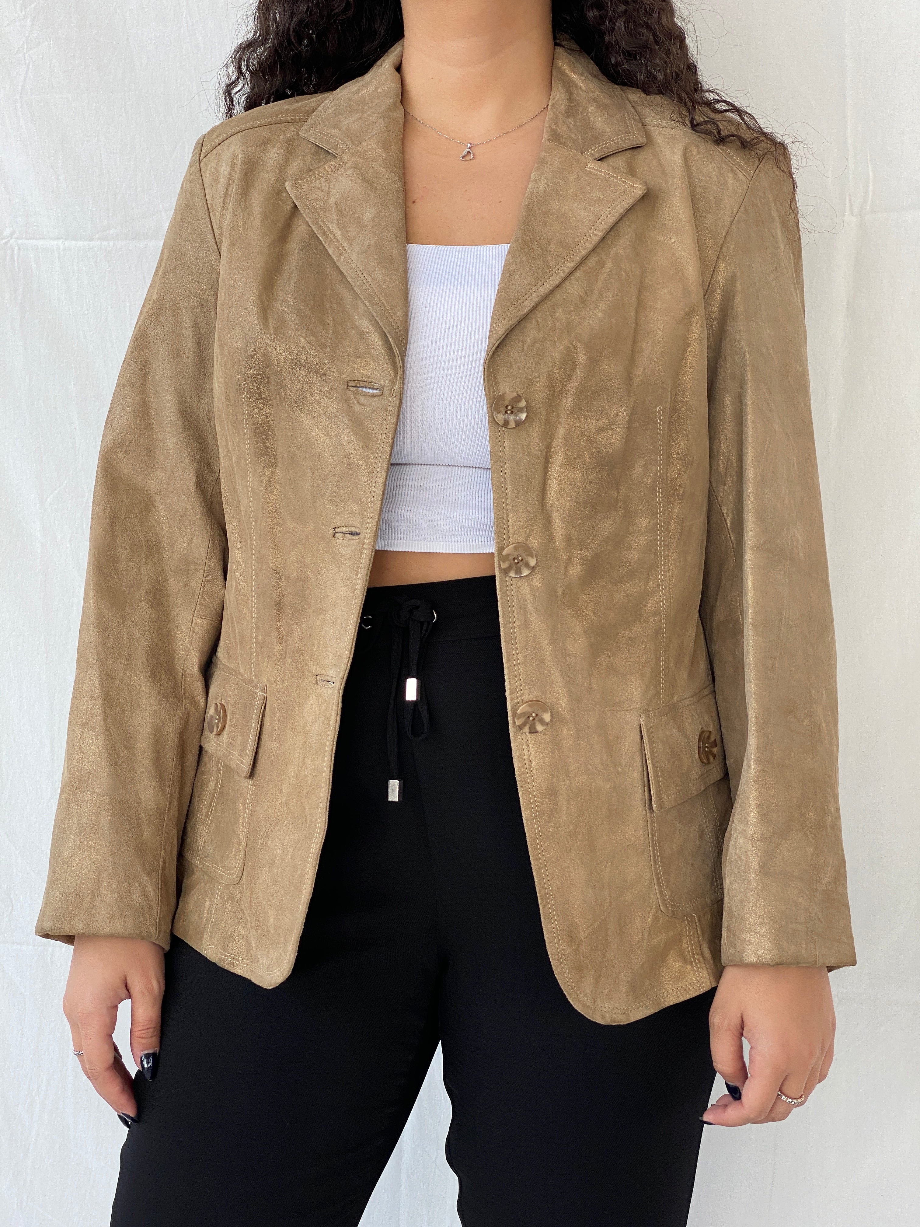 Vintage Genuine Suede Leather Gold Blazer Jacket - L - Balagan Vintage Jacket 00s, 90s, brown leather, Dina, genuine leather, jacket, leather jacket