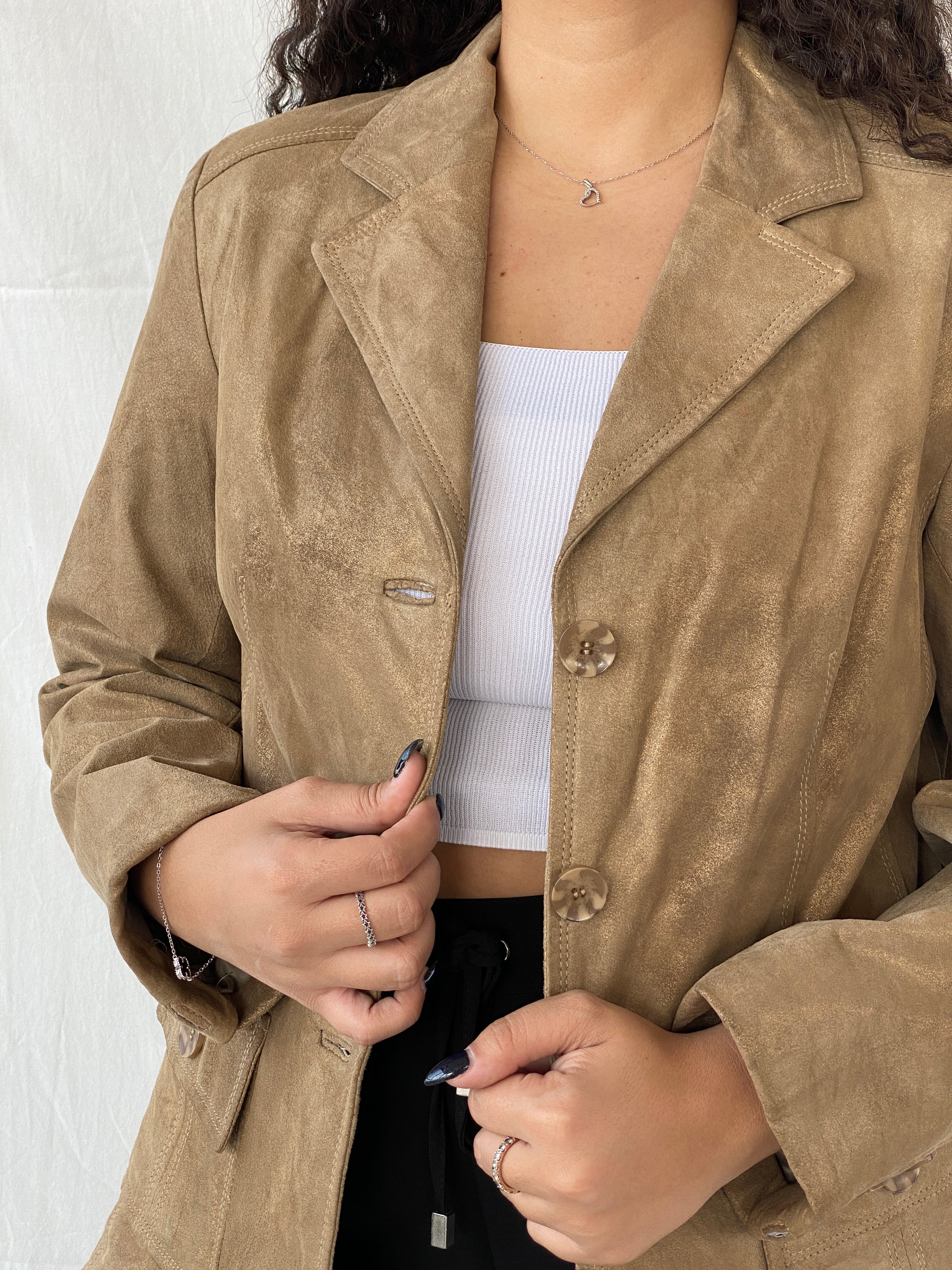 Vintage Genuine Suede Leather Gold Blazer Jacket - L - Balagan Vintage Jacket 00s, 90s, brown leather, Dina, genuine leather, jacket, leather jacket