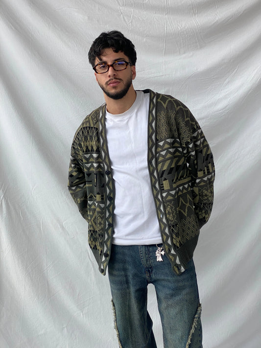 Vintage Geometric Print Men’s Cardigan Sweater - L - Balagan Vintage Sweater 90s, Hamza, knit, knitted cardigan, knitted sweater, men, streetwear, vintage, vintage sweater, winter