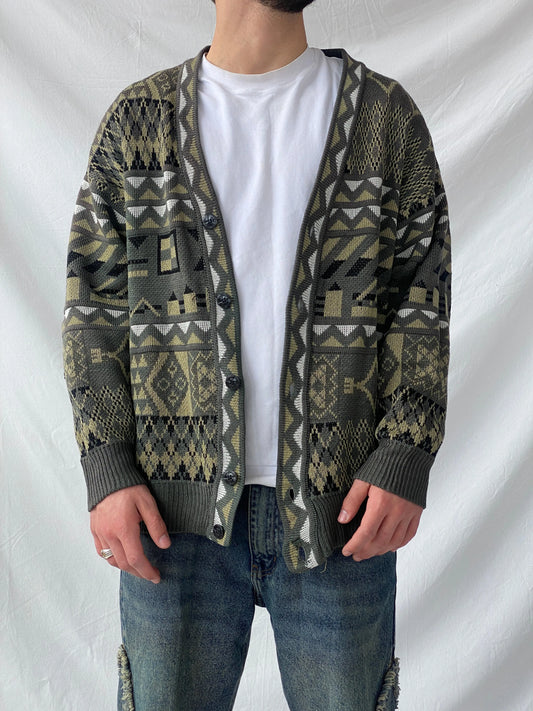 Vintage Geometric Print Men’s Cardigan Sweater - L - Balagan Vintage Sweater 90s, Hamza, knit, knitted cardigan, knitted sweater, men, streetwear, vintage, vintage sweater, winter