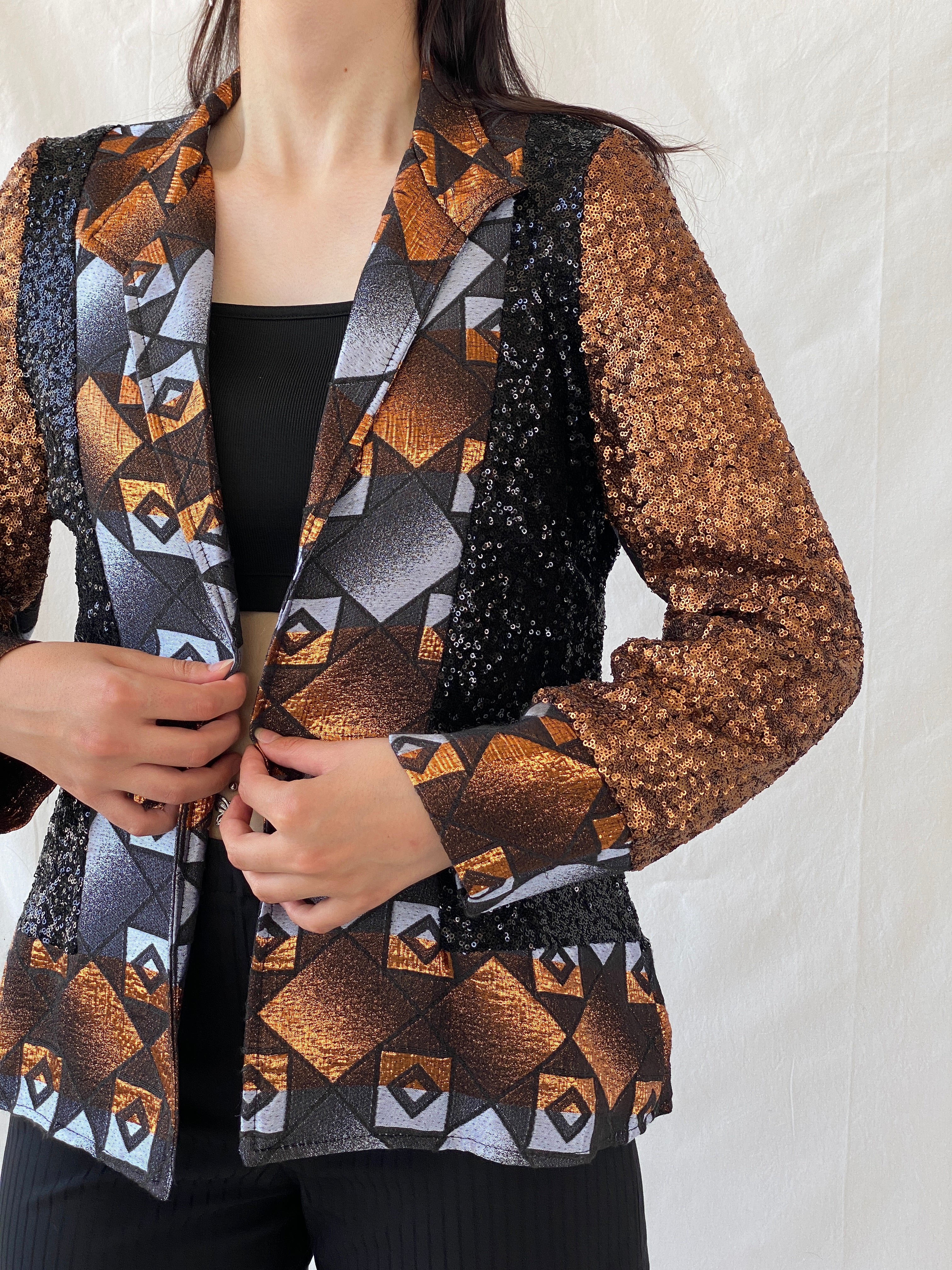 Vintage Geometric Sequin Blazer – Bronze, Black & Silver Statement Jacket - M - Balagan Vintage Blazer 00s, Ayah, blazer, Coats&Jackets, full sleeve blazer, NEW IN, winter, Women's Blazers