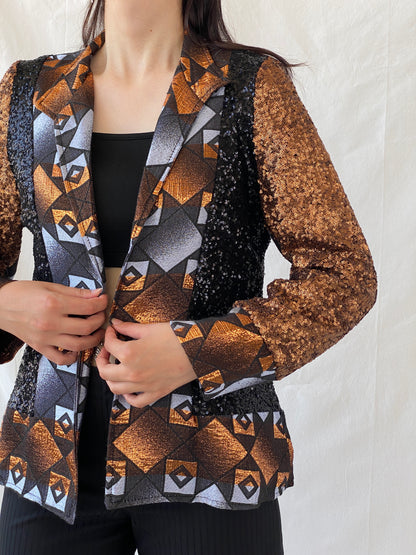 Vintage Geometric Sequin Blazer – Bronze, Black & Silver Statement Jacket - M - Balagan Vintage Blazer 00s, Ayah, blazer, Coats&Jackets, full sleeve blazer, NEW IN, winter, Women's Blazers