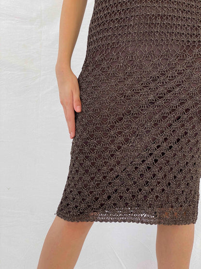 Vintage Glitz By Nexus Crochet Midi Brown&Gold Dress - Balagan Vintage Midi Dress 00s, 90s, crochet, Deals, dress, midi dress, Mira