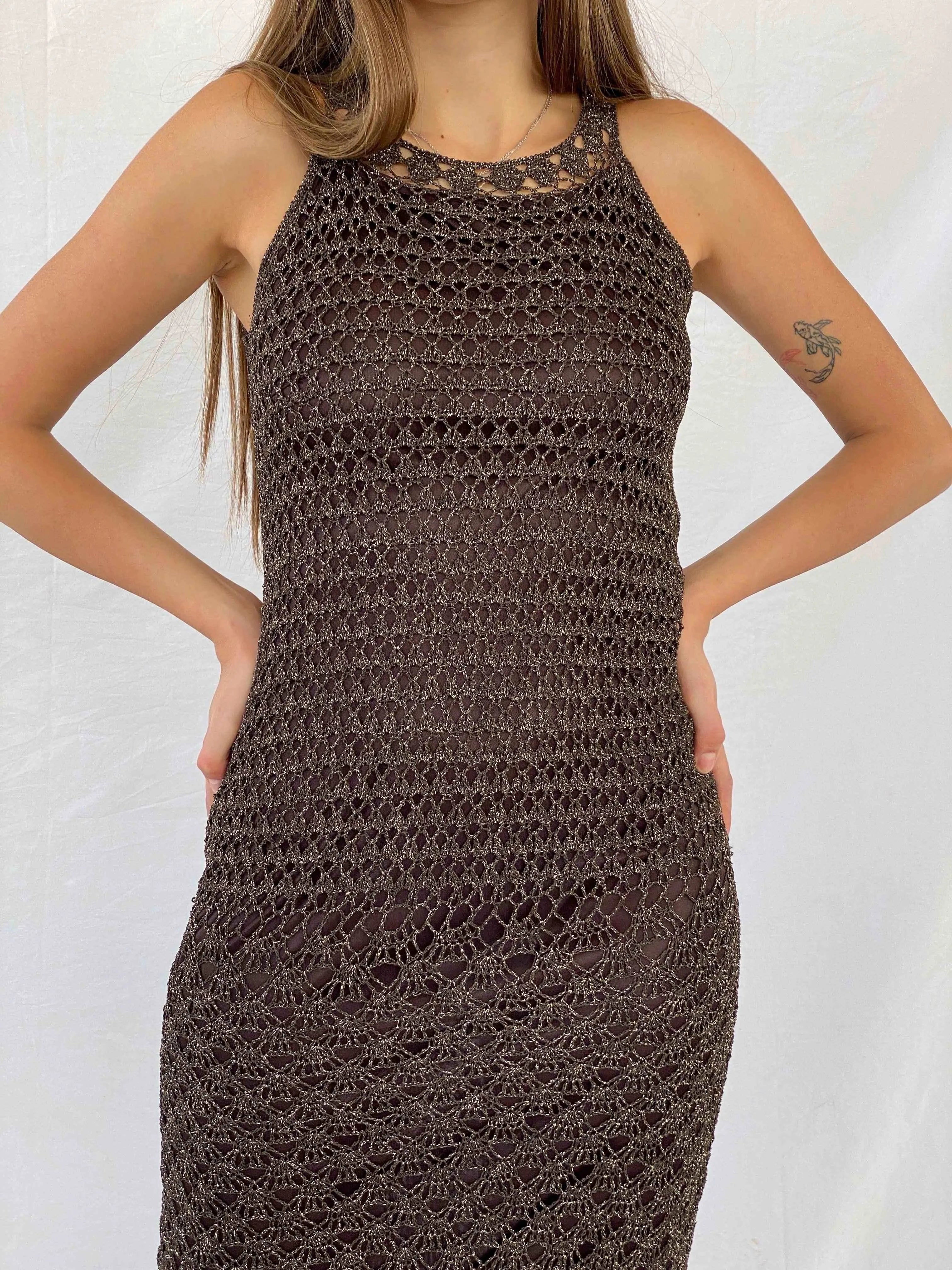 Vintage Glitz By Nexus Crochet Midi Brown&Gold Dress - Balagan Vintage Midi Dress 00s, 90s, crochet, Deals, dress, midi dress, Mira