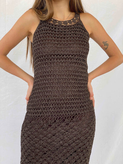 Vintage Glitz By Nexus Crochet Midi Brown&Gold Dress - Balagan Vintage Midi Dress 00s, 90s, crochet, Deals, dress, midi dress, Mira