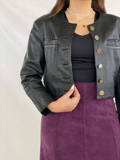 Vintage Gold Buttoned Cropped Genuine Leather Jacket - Balagan Vintage Leather Jacket 90s, Coats&Jackets, Deals, genuine leather jacket, Juana, leather jacket, Women's Leather Jackets