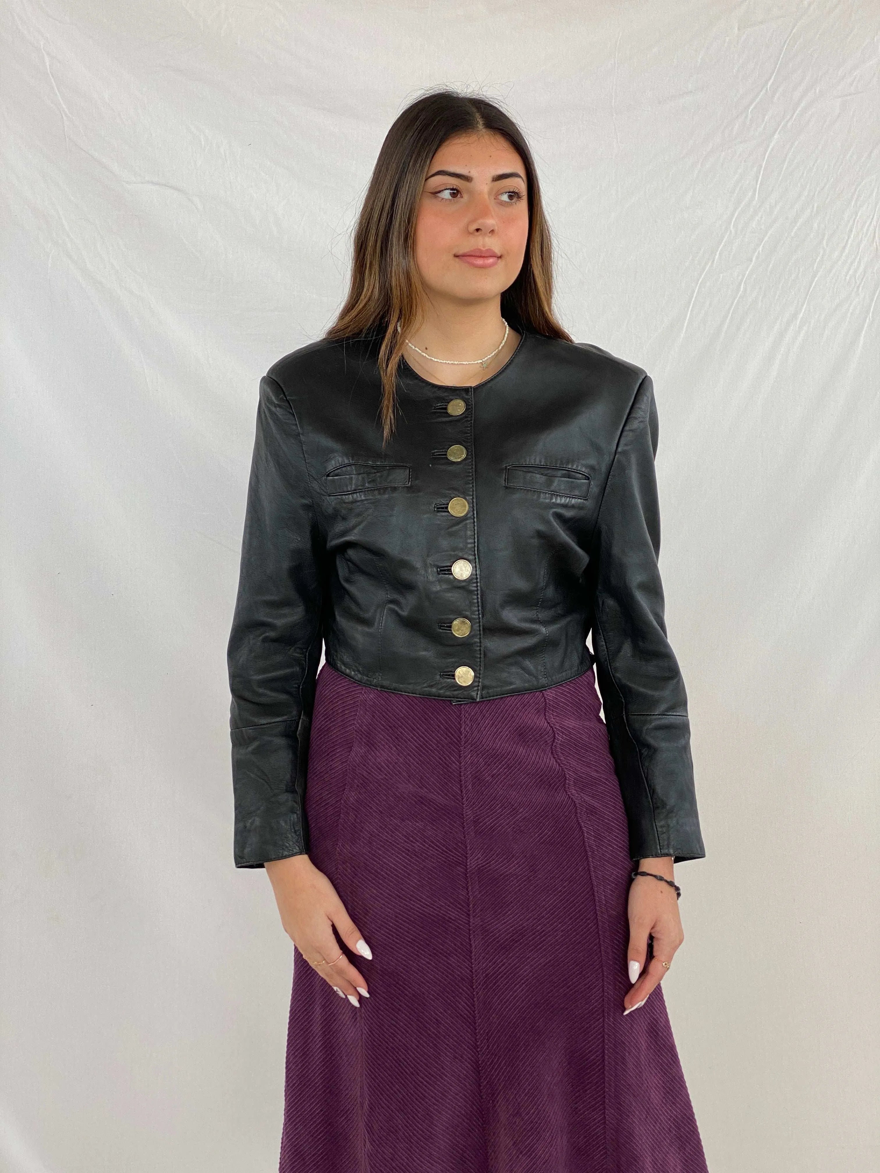 Vintage Gold Buttoned Cropped Genuine Leather Jacket - Balagan Vintage Leather Jacket 90s, Coats&Jackets, Deals, genuine leather jacket, Juana, leather jacket, Women's Leather Jackets