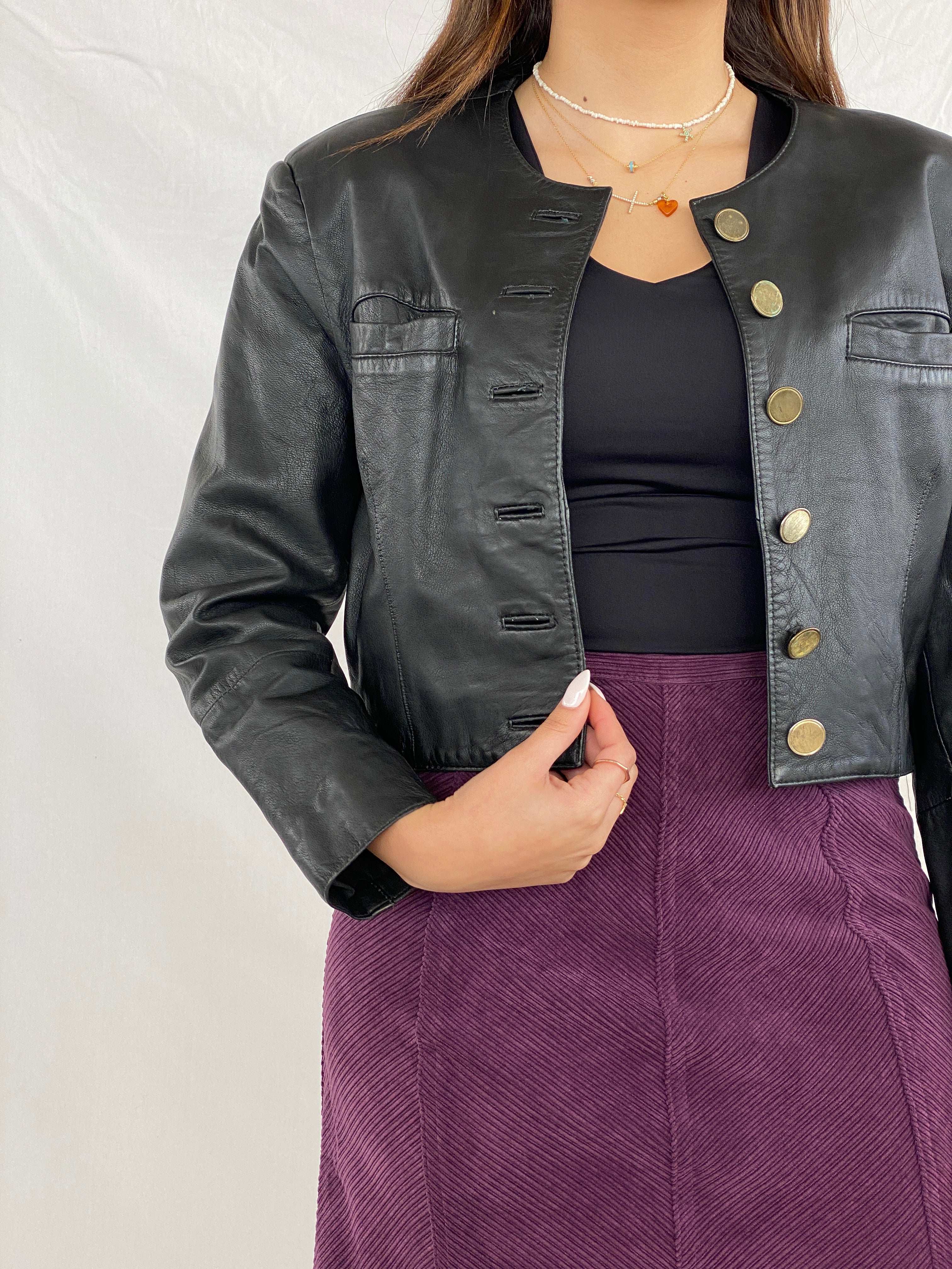 Vintage Gold Buttoned Cropped Genuine Leather Jacket - Balagan Vintage Leather Jacket 90s, genuine leather jacket, Juana, leather jacket