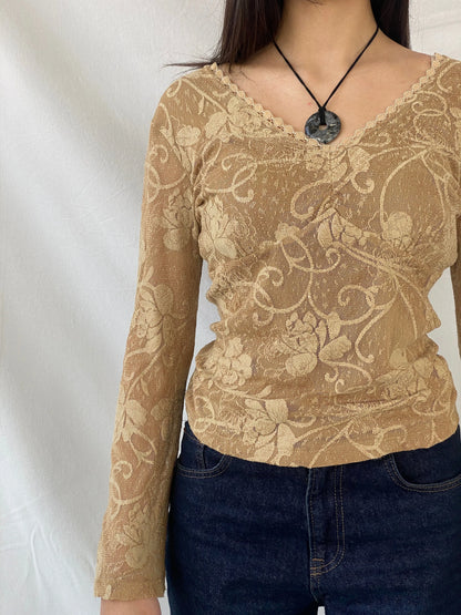 Vintage Gold Lace Women’s Long Sleeve Sheer Back Mesh Top - M - Balagan Vintage Full Sleeve Shirt 00s, consignment, Danadabbas, floral top, full sleeve shirt, Syntia, women top