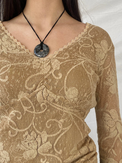 Vintage Gold Lace Women’s Long Sleeve Sheer Back Mesh Top - M - Balagan Vintage Full Sleeve Shirt 00s, consignment, Danadabbas, floral top, full sleeve shirt, Syntia, women top
