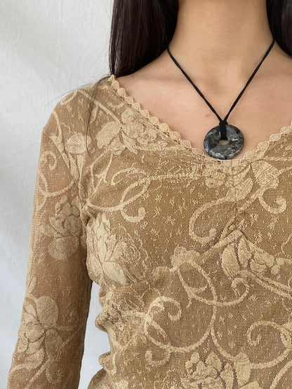 Vintage Gold Lace Women’s Long Sleeve Sheer Back Mesh Top - M - Balagan Vintage Full Sleeve Shirt 00s, consignment, Danadabbas, floral top, full sleeve shirt, Syntia, women top